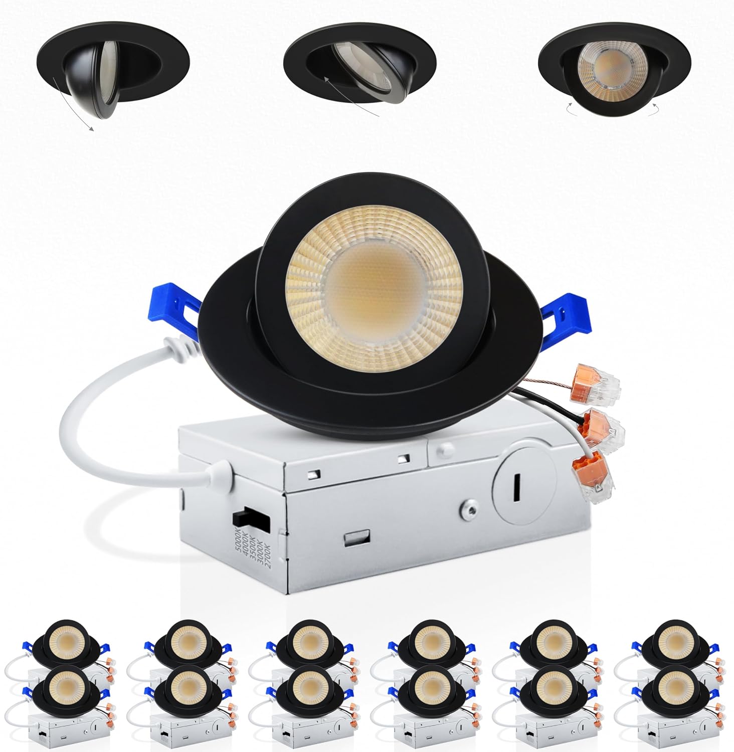Adetu 3 Inch Gimbal Balck Led Recessed Lighting, 360°+90° Adjustable Directional Led Recessed Lights, 2700K/3000K/3500K/4000K/5000K Dimmable Retrofit Eyeball Can Lights with Jbox,ETL (Black, 12 Pack)