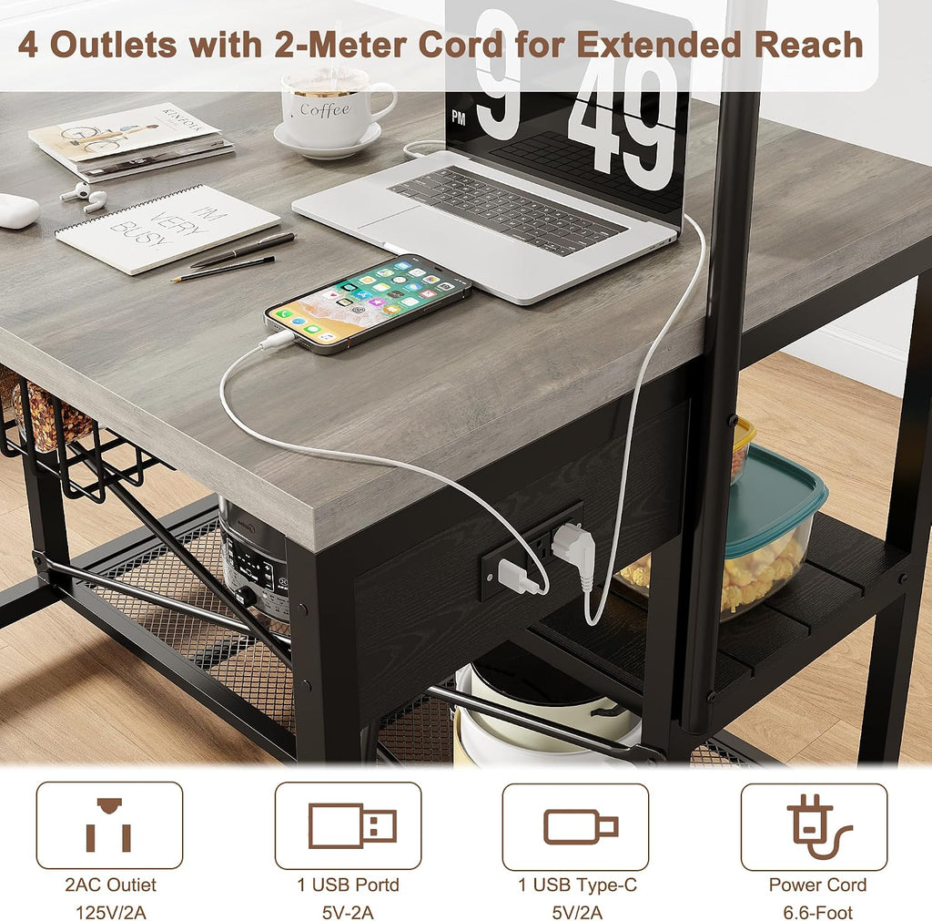 46' Large Kitchen Island Table Baker Rack with Power Outlet and 3-Tier Storage-Microwave Stand Oven Shelf, Metal Coffee Bar Table,Kitchen Storage Shelf for Dining Living Room, 5 Hooks,Grey