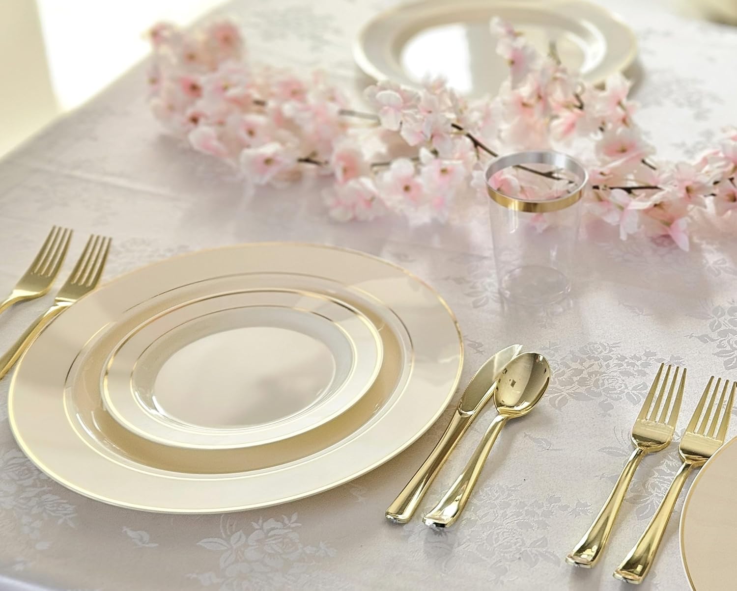 ' OCCASIONS ' 960 pcs/120 Guest-Full Set - Wedding Disposable Plastic Plates Silverware, Gold Rimmed Tumblers and Ivory Napkins (Combo B, Ivory & Gold Rim)