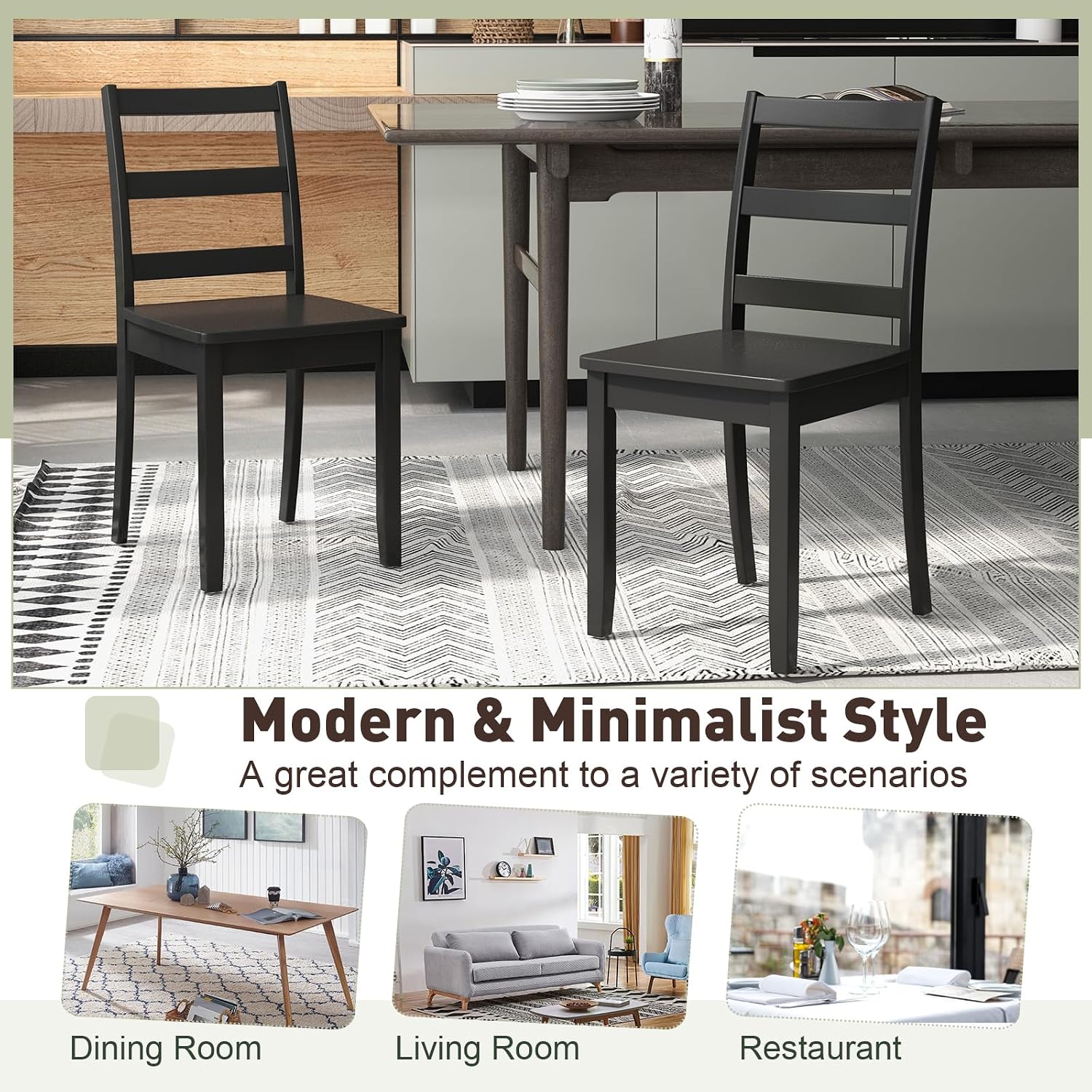 Giantex Wood Dining Chairs Set of 4 Black- Wooden Armless Kitchen Chairs with Solid Rubber Wood Legs, Non-Slip Foot Pads, Max Load 400 Lbs, Farmhouse Style High Ladder Back Wooden Dining Room Chairs