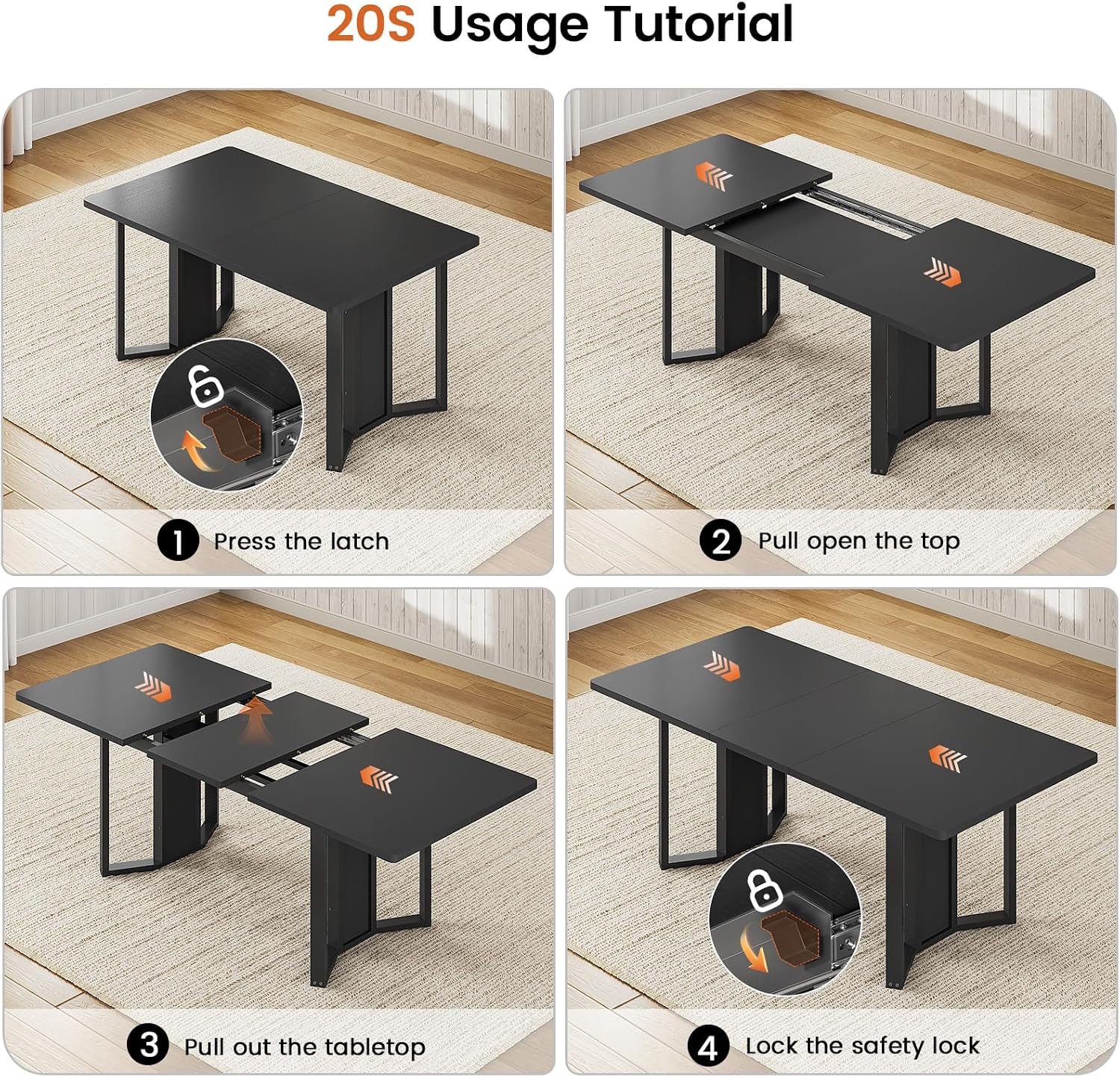 Itaar 5-Piece Dining Table Set for 4-6 People, 63' Extendable Kitchen Table and 4 Cushion Chairs, Dining Room Table with MDF Board & Metal Frame for Small Space, Easy Clean, Black