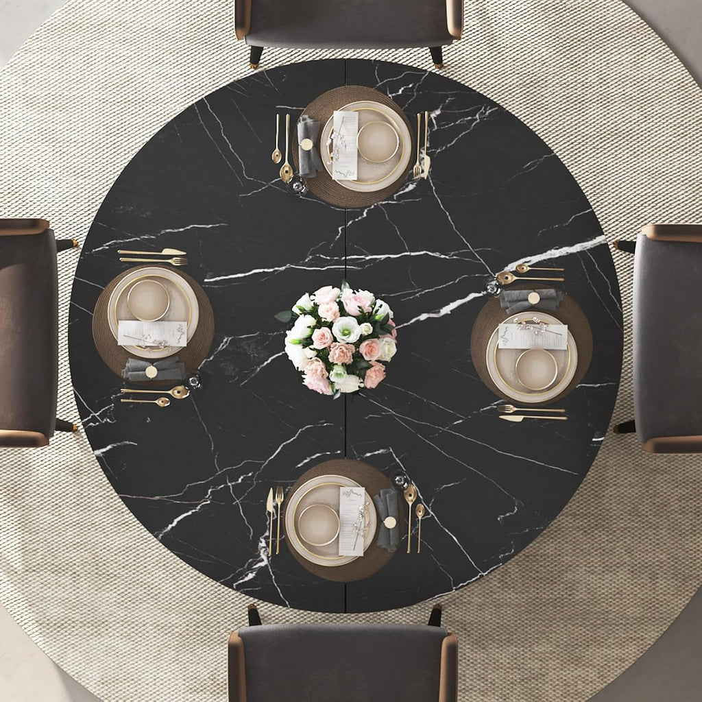IBF Round Dining Table with Storage, Black Faux Marble Kitchen Tables for 4-6 People, 47' Modern Dining Room Tables with Fridge Space, Wood Circle Dinner Table for Home, Black Marble, Only Table