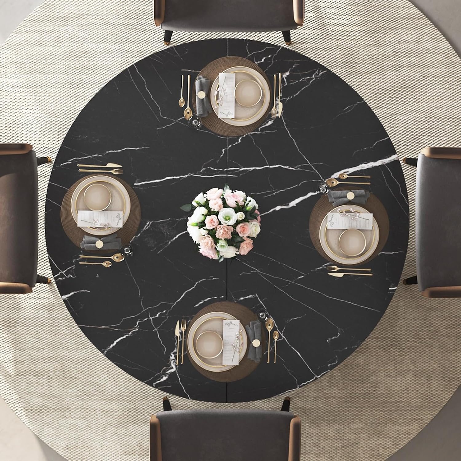 IBF Round Dining Table with Storage, Black Faux Marble Kitchen Tables for 4-6 People, 47' Modern Dining Room Tables with Fridge Space, Wood Circle Dinner Table for Home, Black Marble, Only Table