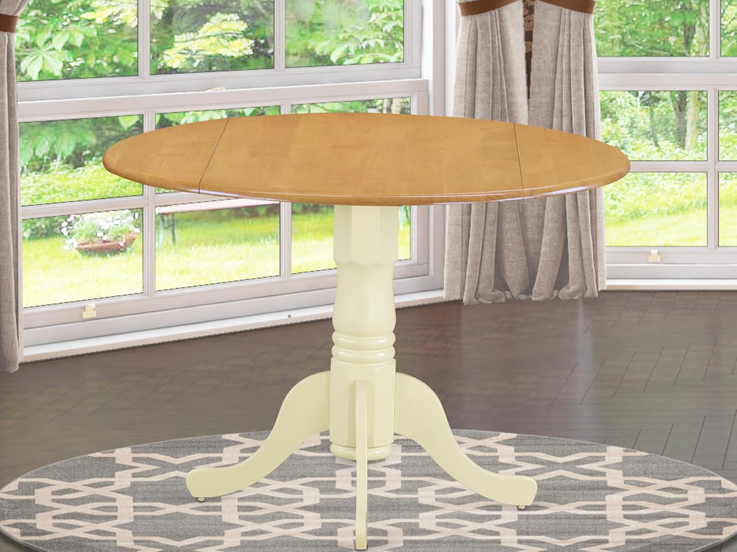 East West Furniture DLT-OMK-TP Dublin Dining Room Table - a Round kitchen Table Top with Dropleaf & Pedestal Base, 42x42 Inch, Oak & Buttermilk