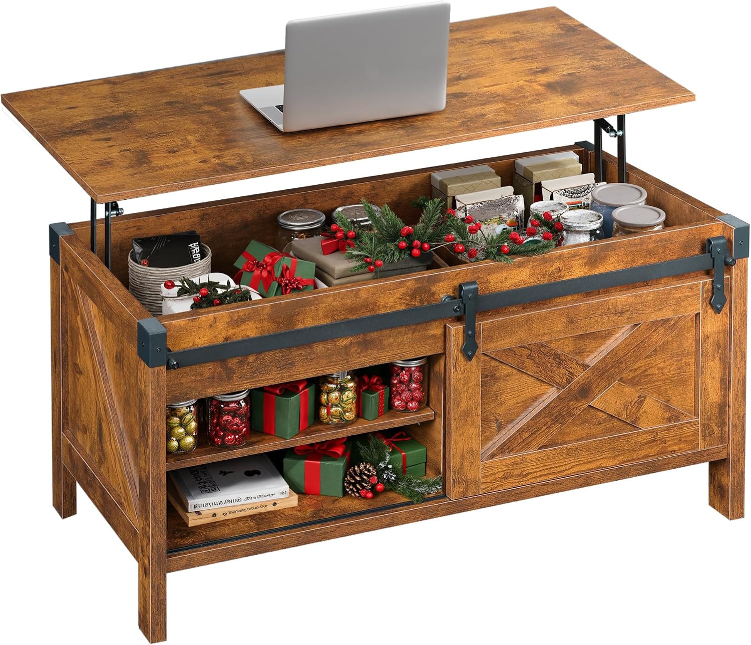 WLIVE Lift Top Coffee Table, 39.4' Farmhouse Coffee Table with Large Hidden Storage Compartment, Sliding Barn Doors, Modern Wood Center Table for Living Room, Office, Rustic Brown