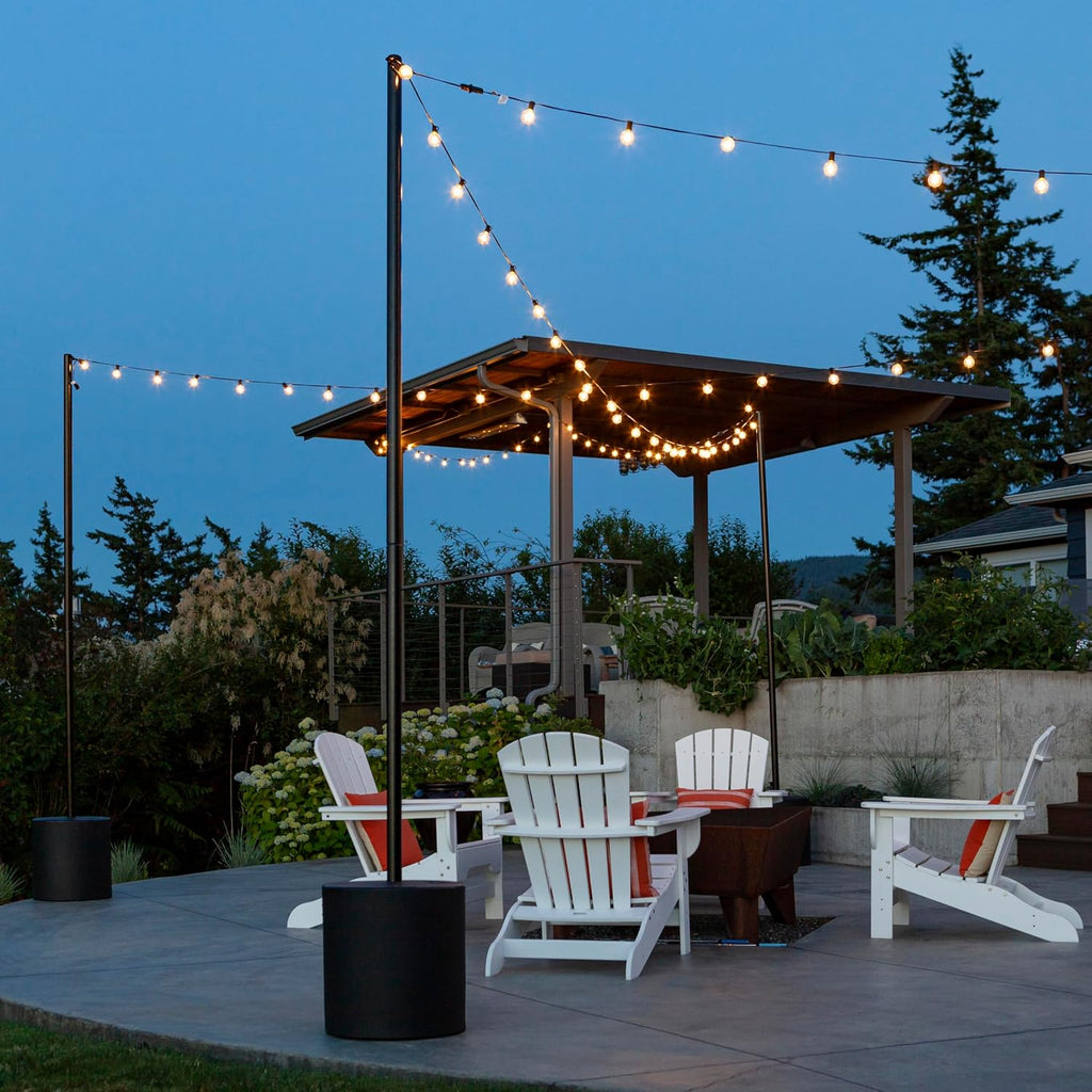 Outdoor String Light Pole Stand - 9.5 Feet, Black, Heavy-Duty with Freestanding Tank Base for Grass, Patio, Deck, Events