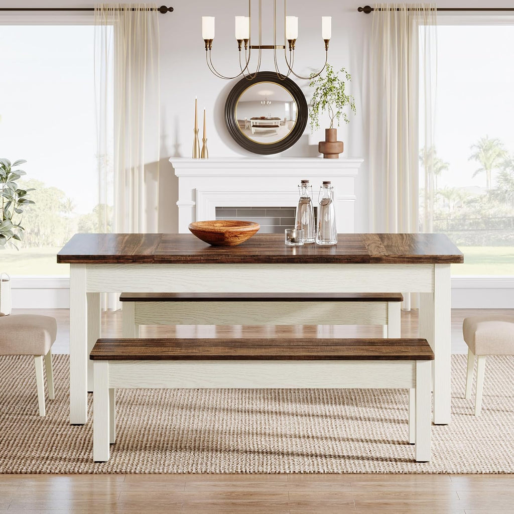 Tribesigns Farmhouse Kitchen Table Set for 4-6, 55-Inch Wooden Dining Table with 2 Benches, Space Saving 3 Pieces Heavy Duty Dinette for Dining Room, Kitchen, Small Space