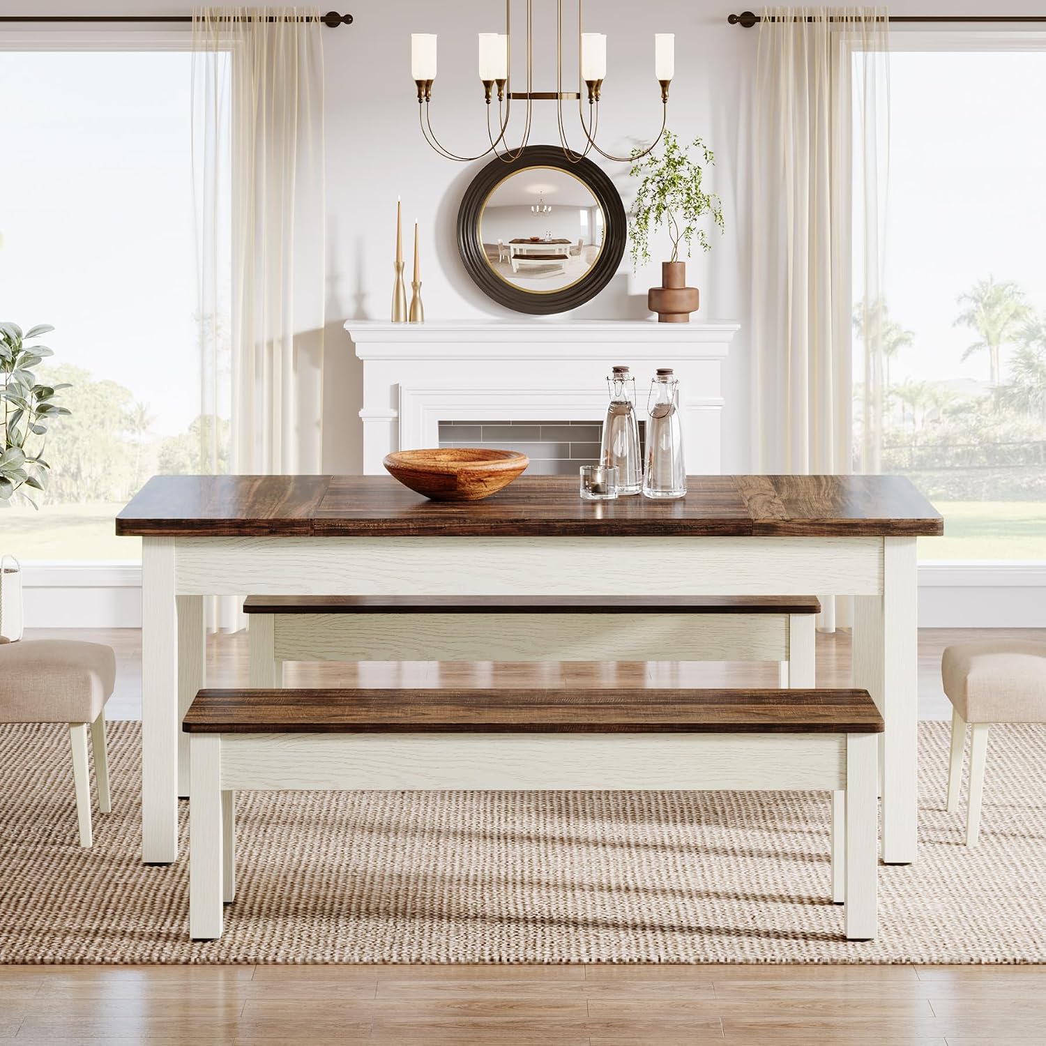 Tribesigns Farmhouse Kitchen Table Set for 4-6, 55-Inch Wooden Dining Table with 2 Benches, Space Saving 3 Pieces Heavy Duty Dinette for Dining Room, Kitchen, Small Space