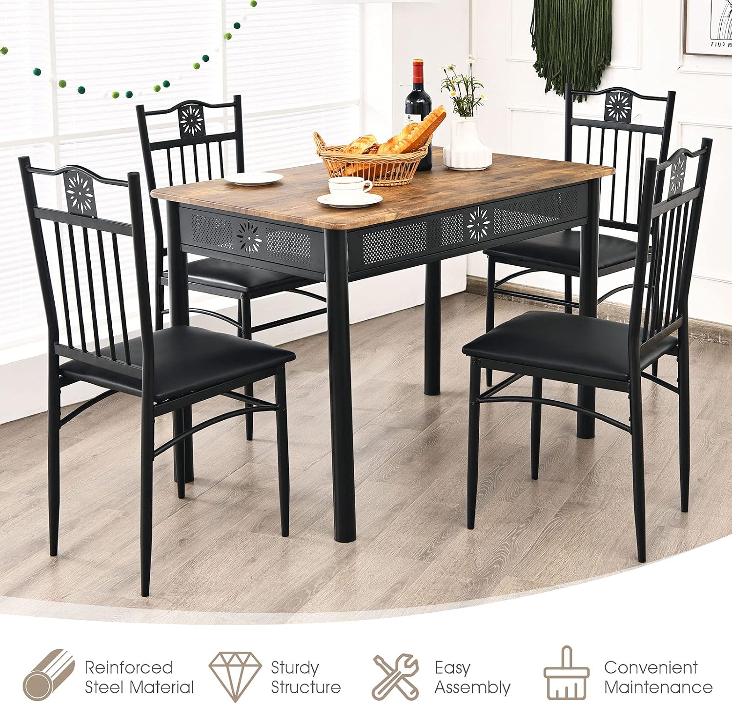 Tangkula 5 Pieces Dining Table and Chairs Set, Vintage Retro Wood Top Metal Frame Padded Seat Dining Table Set Home Kitchen Dining Room Furniture