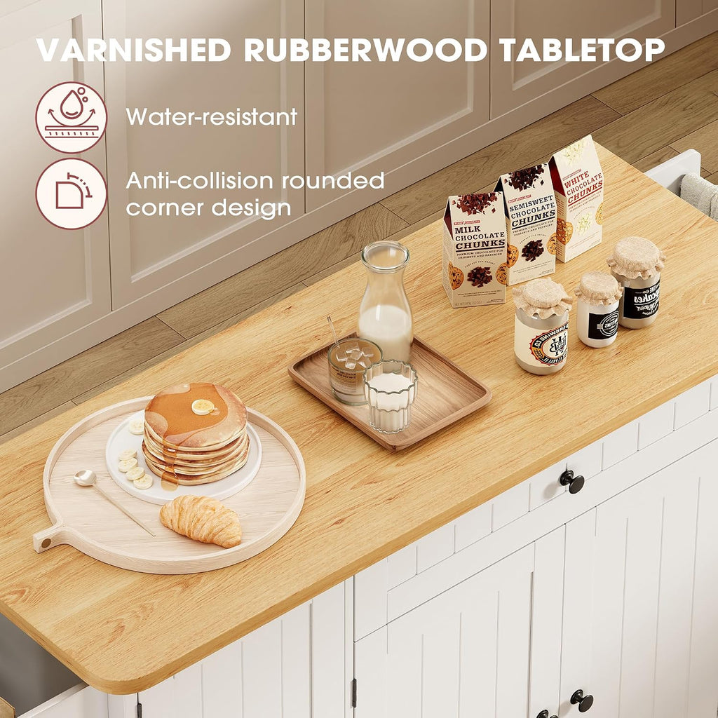 GRUSIGN Kitchen Island with Storage, 41.7' Rolling Cart with Drop Leaf, Portable Island Table on Wheels, Spice Rack, Towel Rack and Drawer, White, 41.7' L x 29.5' W