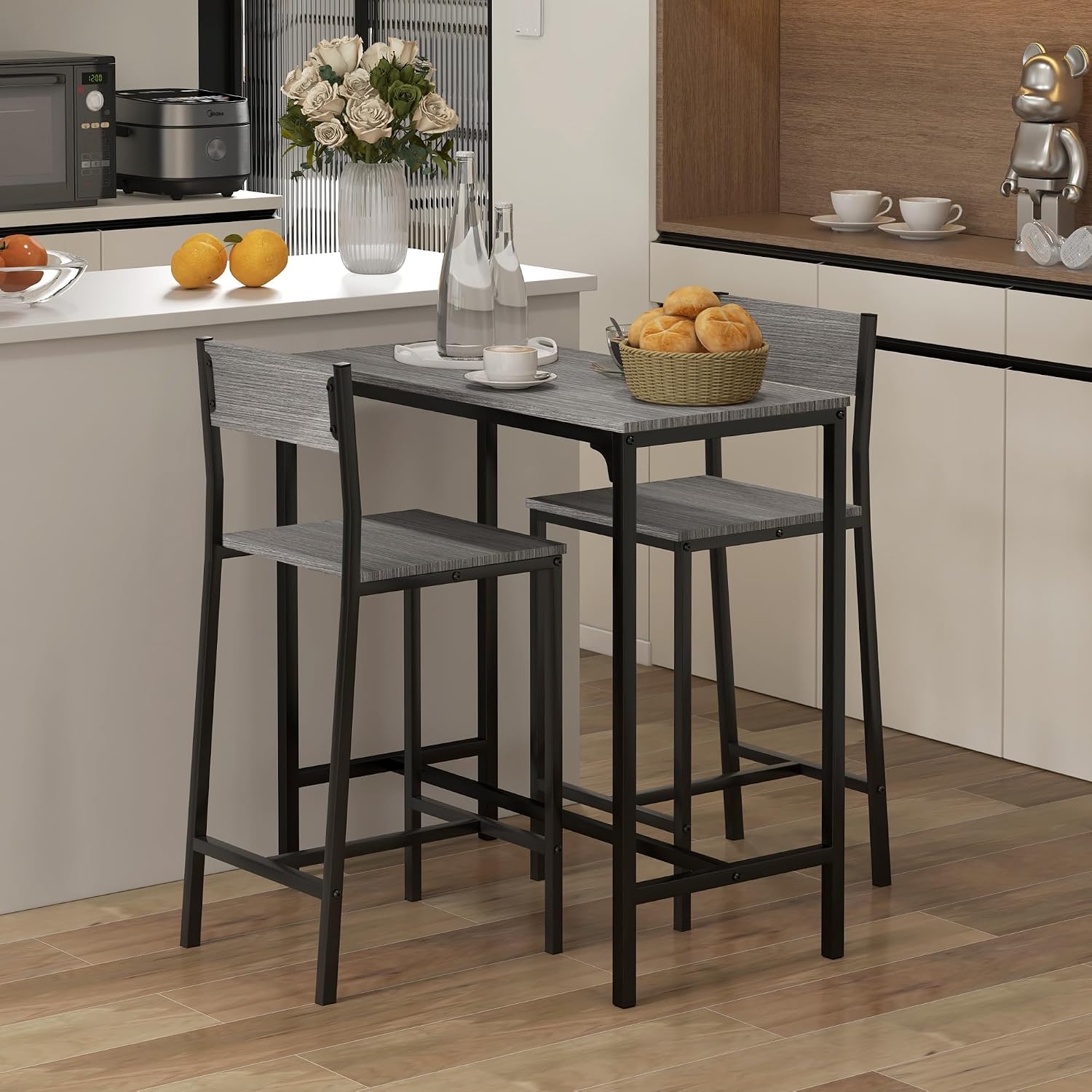 HOMCOM 3 Piece Bar Table and Chairs, Industrial Dining Table Set for 2, Counter Height Kitchen Table with Bar stools, Breakfast Table Set for 2 for Small Space, Gray