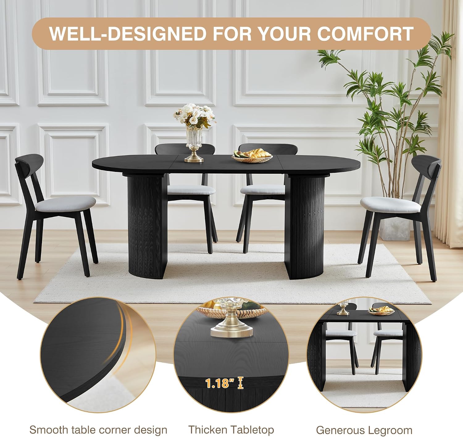 70.8 Inch Dining Table for 4-6 People, Oval Kitchen Table with Semi-Cylindrical Legs Base, Modern Farmhouse Round Dinner Tables for Dining Room Kitchen Living Room (Black)