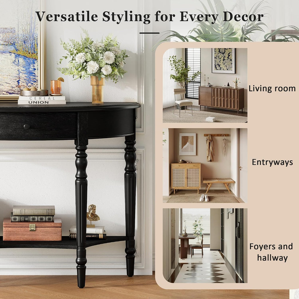 LKTART Farmhouse Half Moon Console Table with Solid Pinewood Frame and Legs,Modern Entryway Table,Small Sofa Table Behind Couch for Living Room,Hallway,Foyer (Black,39')