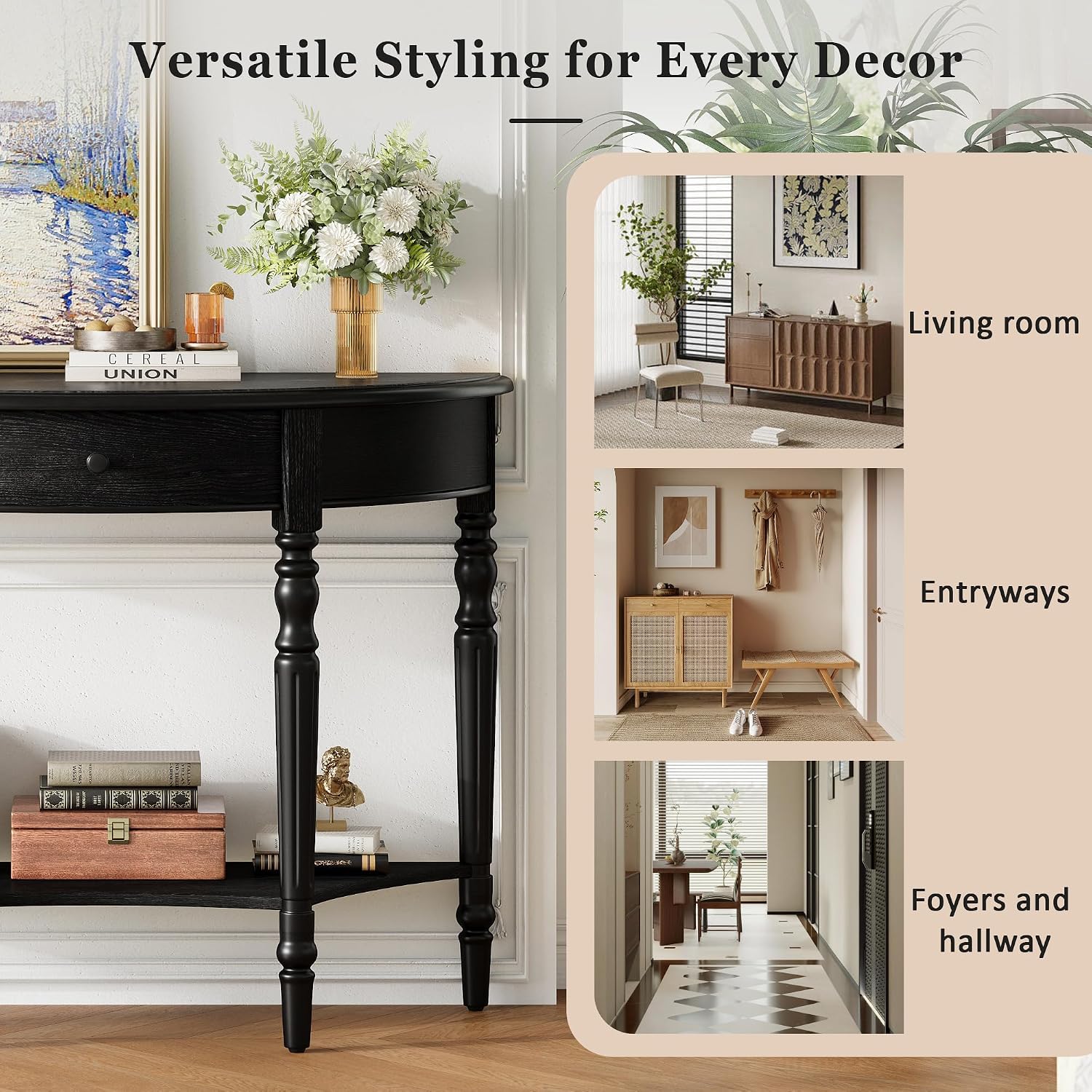 LKTART Farmhouse Half Moon Console Table with Solid Pinewood Frame and Legs,Modern Entryway Table,Small Sofa Table Behind Couch for Living Room,Hallway,Foyer (Black,39')