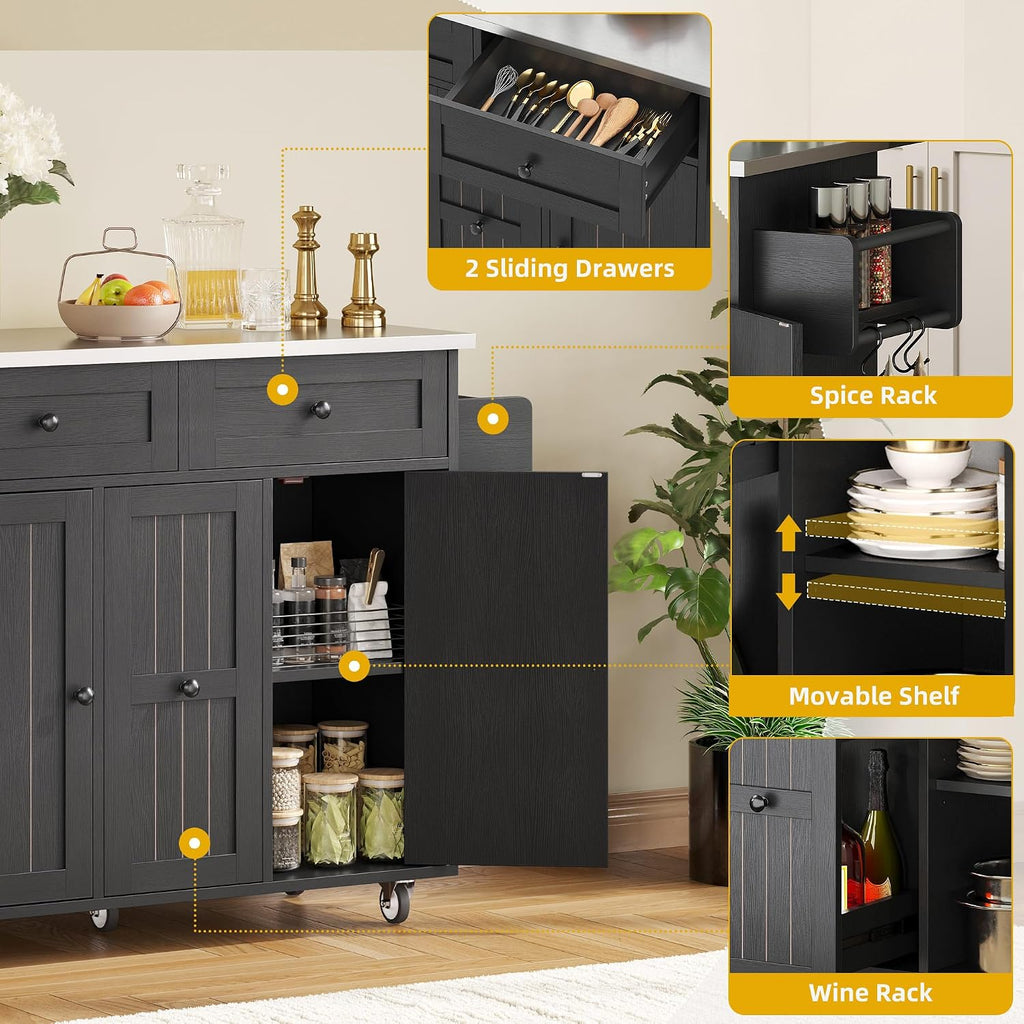 DWVO Kitchen Island on Wheels, Mobile Kitchen Island Cart with Folding Drop Leaf Breakfast Bar, Island Table for Kitchen with Large Storage Cabinets, Racks, Drawers and Adjustable Shelves, Black