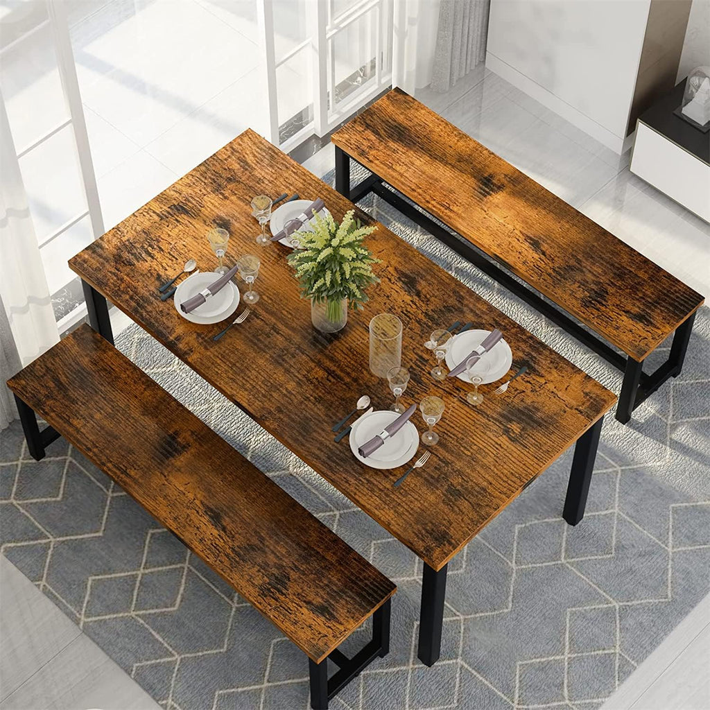 Dining Room Table Set with 2 Benches, Farmhouse Dining Table Set for 4-6, Wood Breakfast Table Set Dinner Table Set Kitchen Table and Chairs for Breakfast Nook Small Spaces, Brown