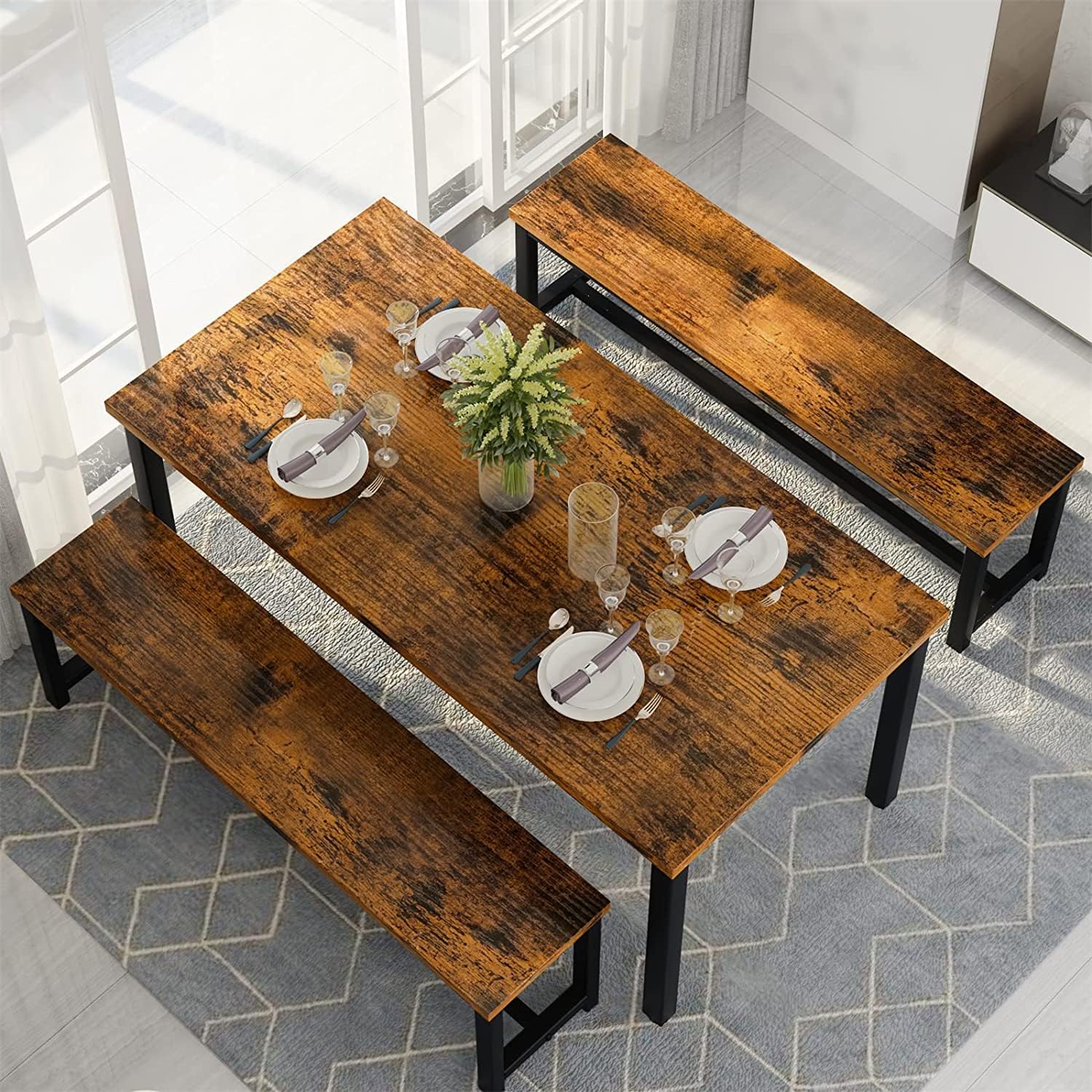 Dining Room Table Set with 2 Benches, Farmhouse Dining Table Set for 4-6, Wood Breakfast Table Set Dinner Table Set Kitchen Table and Chairs for Breakfast Nook Small Spaces, Brown