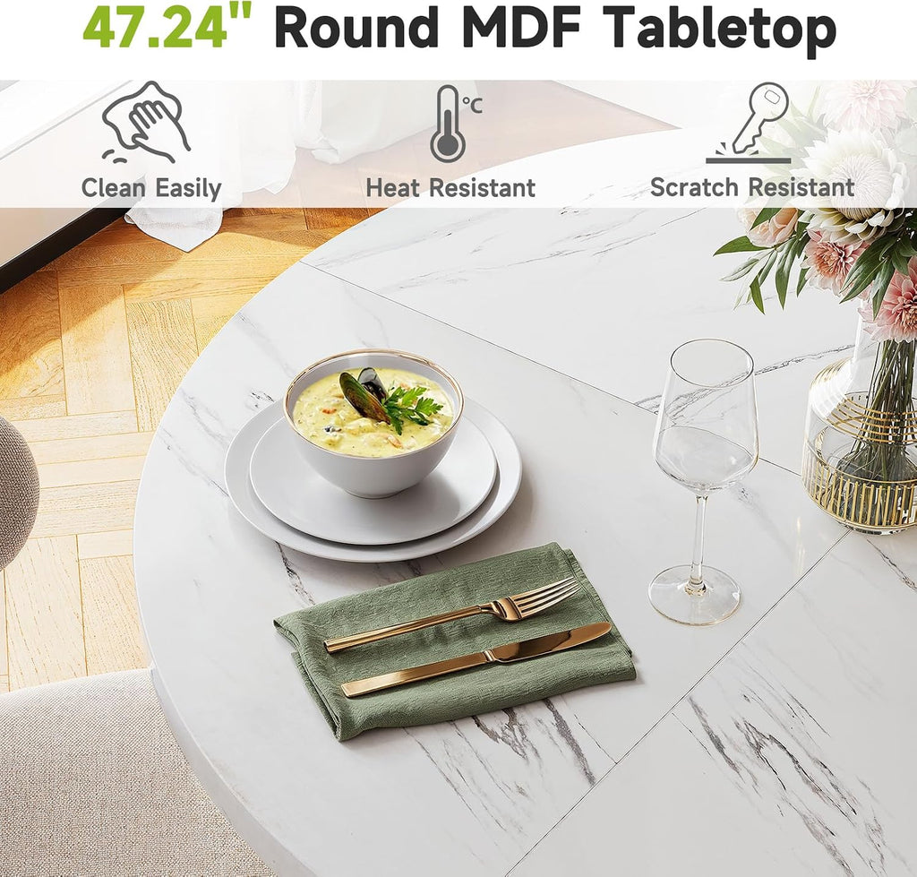 ONBRILL Round Dining Table, 47.24 Inch, Wooden Faux Marble with Gold Base, Circle Modern Small Table for Home Dining Room, Kitchen, Restaurant (White)