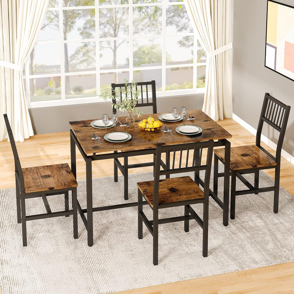 AWQM 47.2 Inch Dining Table Set for 4,Industrial Table with 4 Curved Chairs Set,5-Piece Rectangular Kitchen Table Set for Dining Room,Breakfast Nook,Small Space