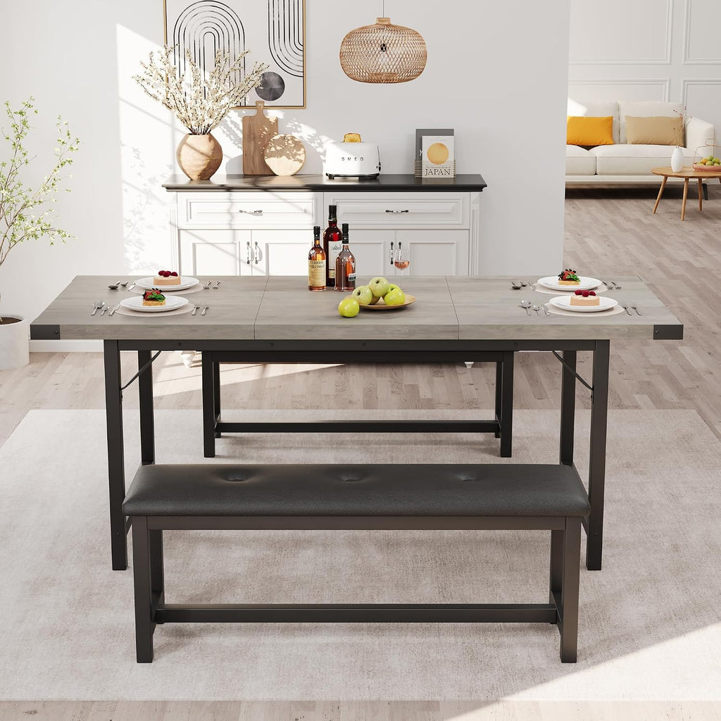 GAOMON Dining Table Set for 4-8, 63' Rectangular Wooden Extendable Kitchen Table with 2 Upholstered Benches & 4 Metal Corner Protectors, Small Dining Set & Sturdy Metal Frame, Space Saving, Retro Gray