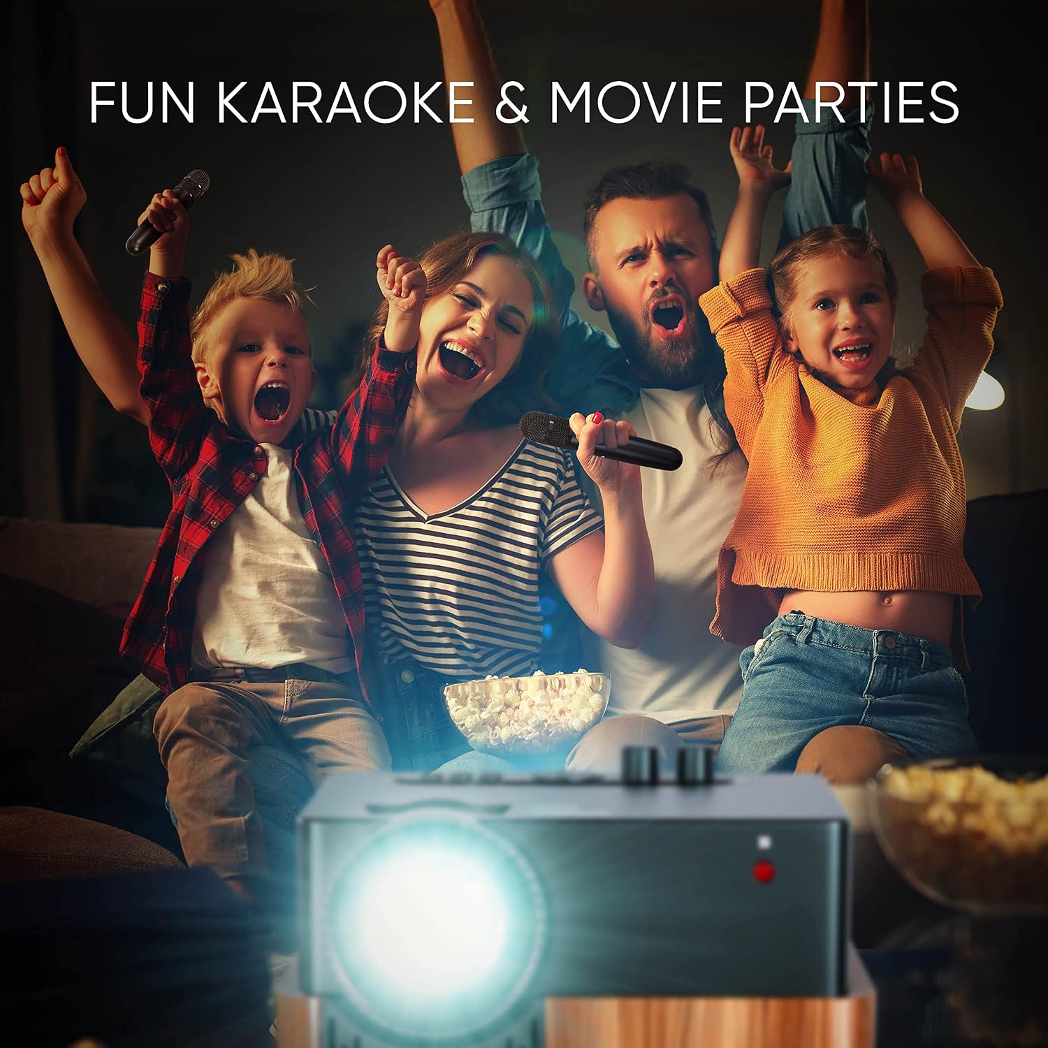 MASINGO 4-in-1 Portable Karaoke Machine with Smart 1080p Projector w/WiFi, Speaker & 2 Wireless Microphones. Built-in Android System for Lyrics Display Apps, Netflix, YouTube.