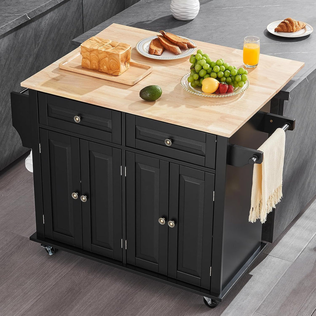 VEVOR Kitchen Island Cart, 35' Wood Top Mobile Carts with Storage Cabinet, Rolling Table with Drop Leaf, Spice Rack, Towel Bar, Adjustable Shelf, Drawer, and Hooks, Portable Islands on Wheels, Black