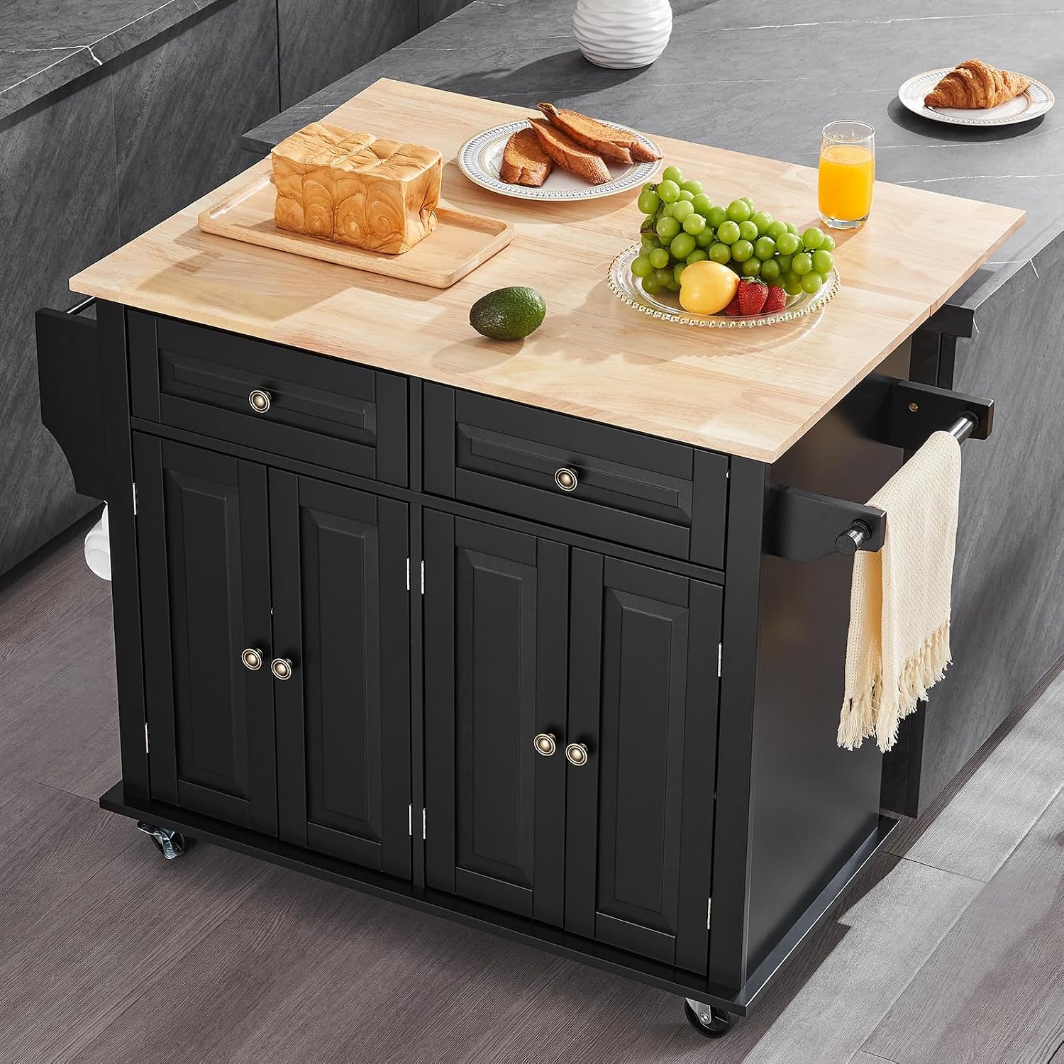 VEVOR Kitchen Island Cart, 35' Wood Top Mobile Carts with Storage Cabinet, Rolling Table with Drop Leaf, Spice Rack, Towel Bar, Adjustable Shelf, Drawer, and Hooks, Portable Islands on Wheels, Black