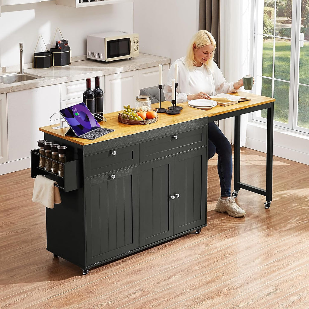 ONBRILL Kitchen Islands with Extendable Dining Table, 81.7' Mobile Kitchen Storage Islands, Rolling Kitchen Cart with Trash Cabinet, Power Outlet, Spice Rack & Towel Rack (Black)