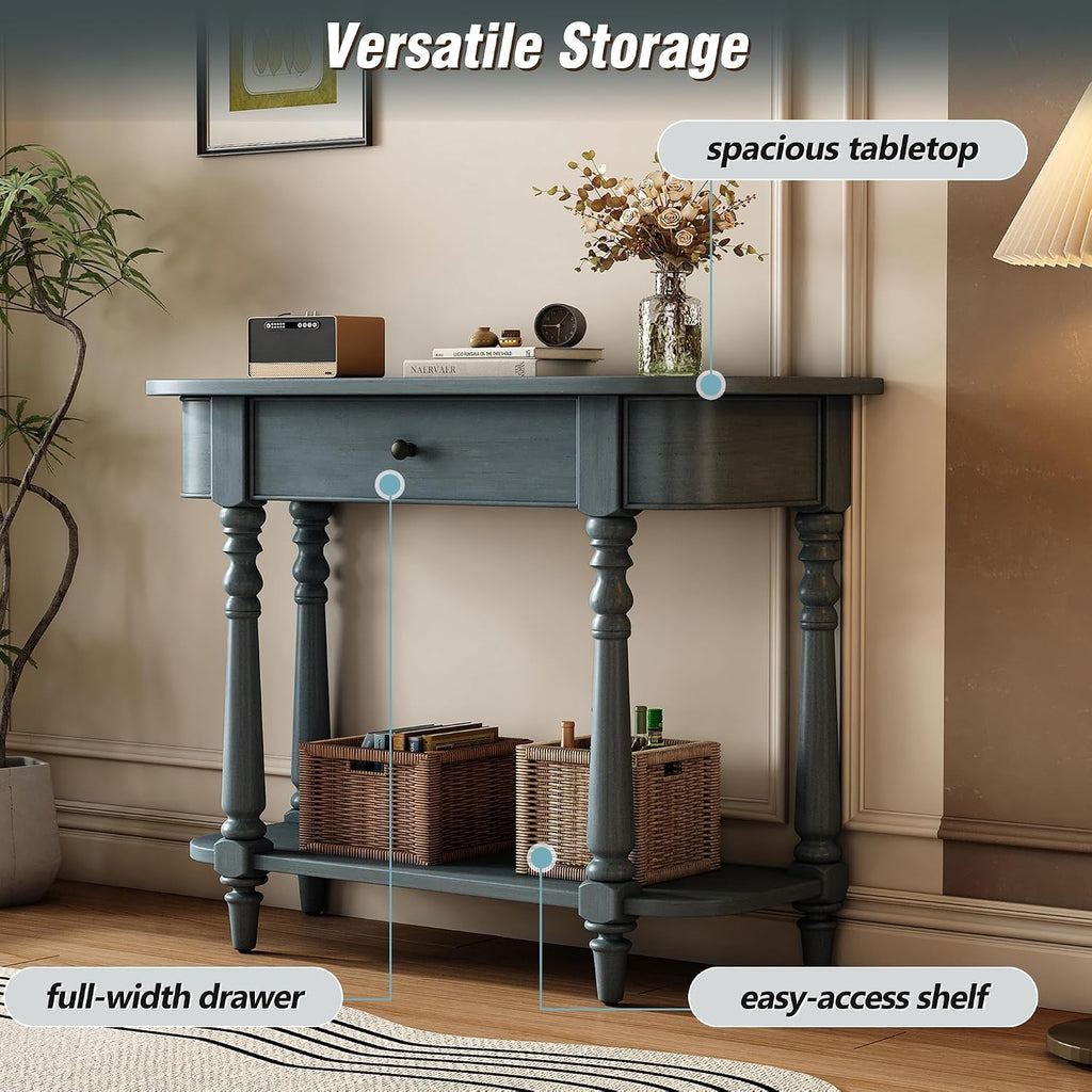 LKTART Solid Wood Corner-Curved Console Table,Farmhouse Small Entryway Sofa Table with Drawer & Open Shelf for Living Room,Hallway,Foyer(Navy 36')