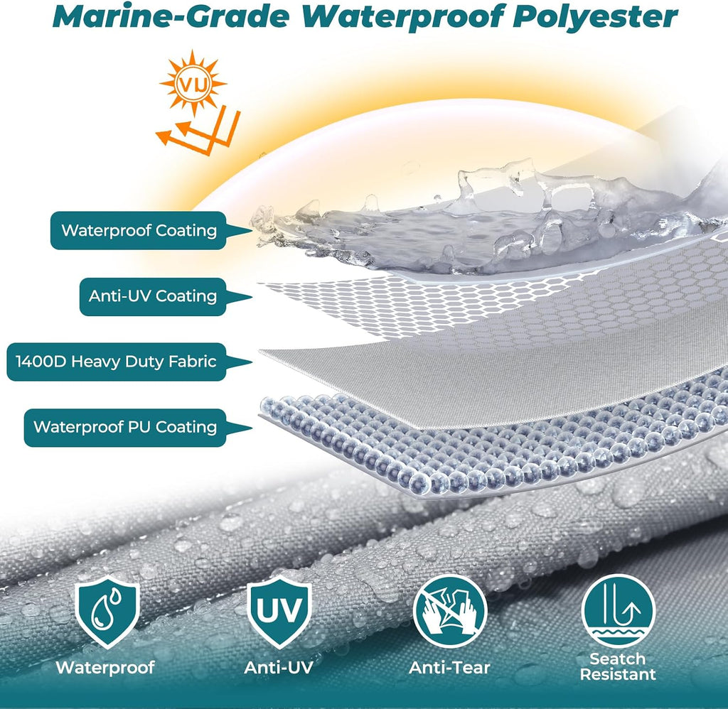 KAKIT Boat Cover, 1400D Oxford Heavy Duty Waterproof Trailerable Cover with 8 Metal Buckles and 12 Adjustable Tightening Straps, for Pontoon/Deck Boat(17'-20'Long, Beam Width up to 102', Light Gray)