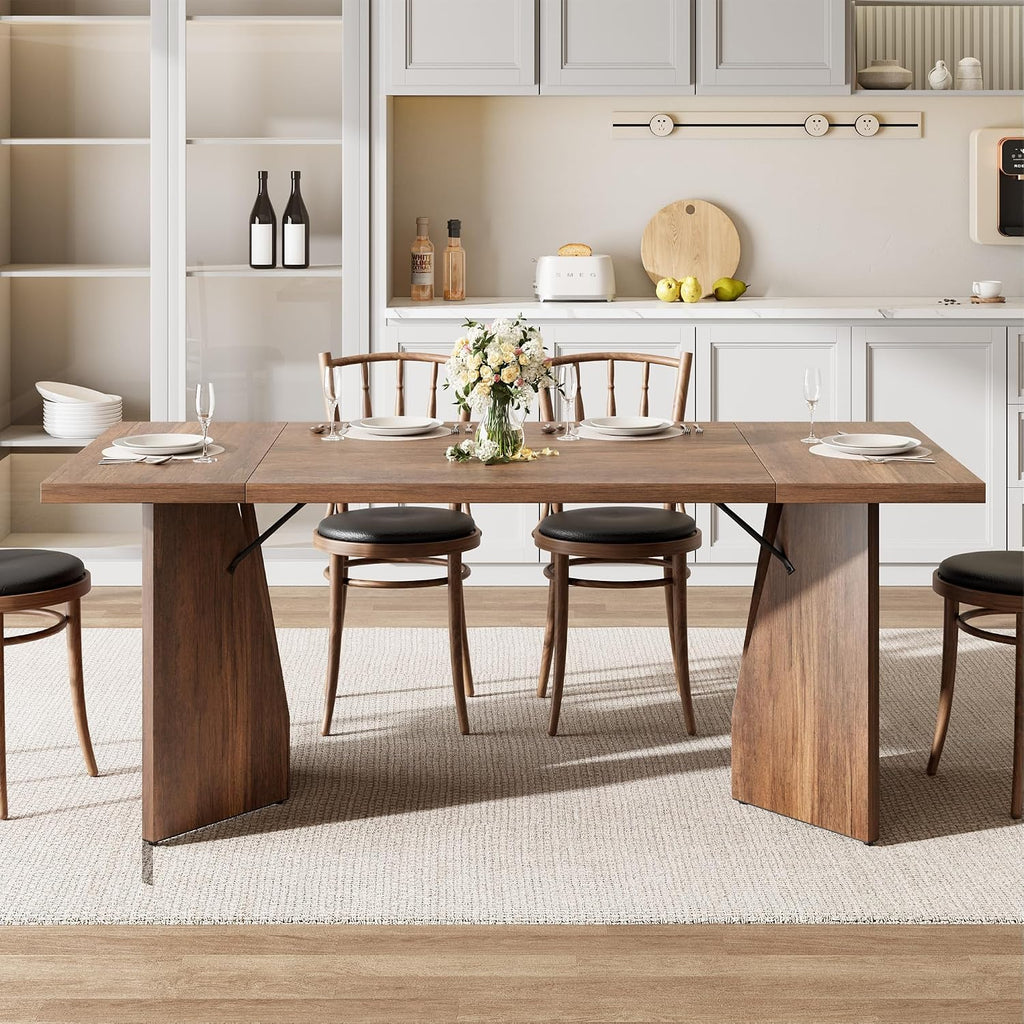 GarveeHome 70.9'' Rectangular Dining Table for 6-8, Wooden Thickened Long Desk, Farmhouse Kichen Table with Sturdy Frame and M-Shaped Legs, for Dining Room, Kitchen, Living Room, Office, Retro Brown