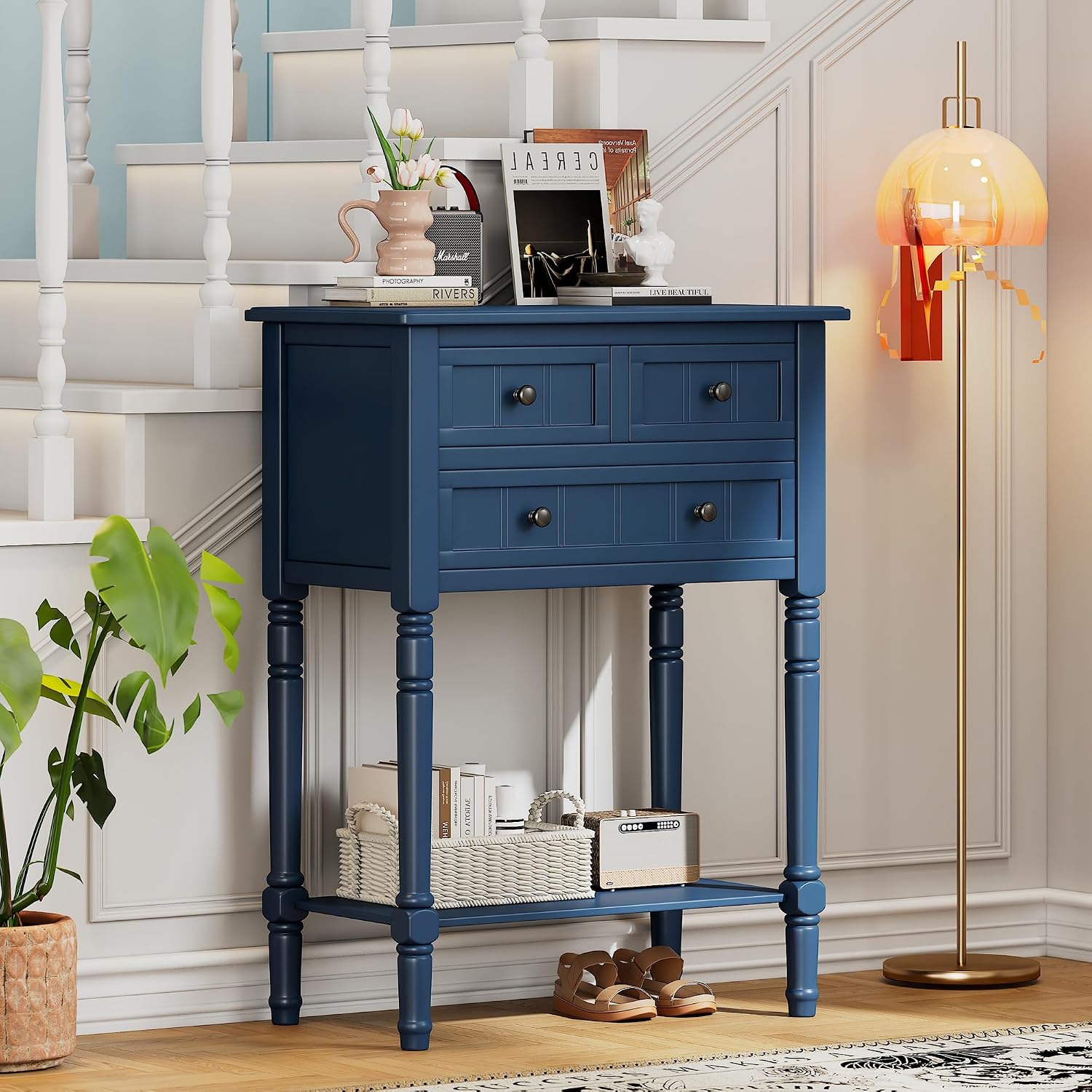 LKTART Small Solid Wood Sofa Table,Console Table with Drawers and Bottom Shelf, Narrow Entryway Hallway Foyer Entry Table for Living Room(23.7' Navy Blue)