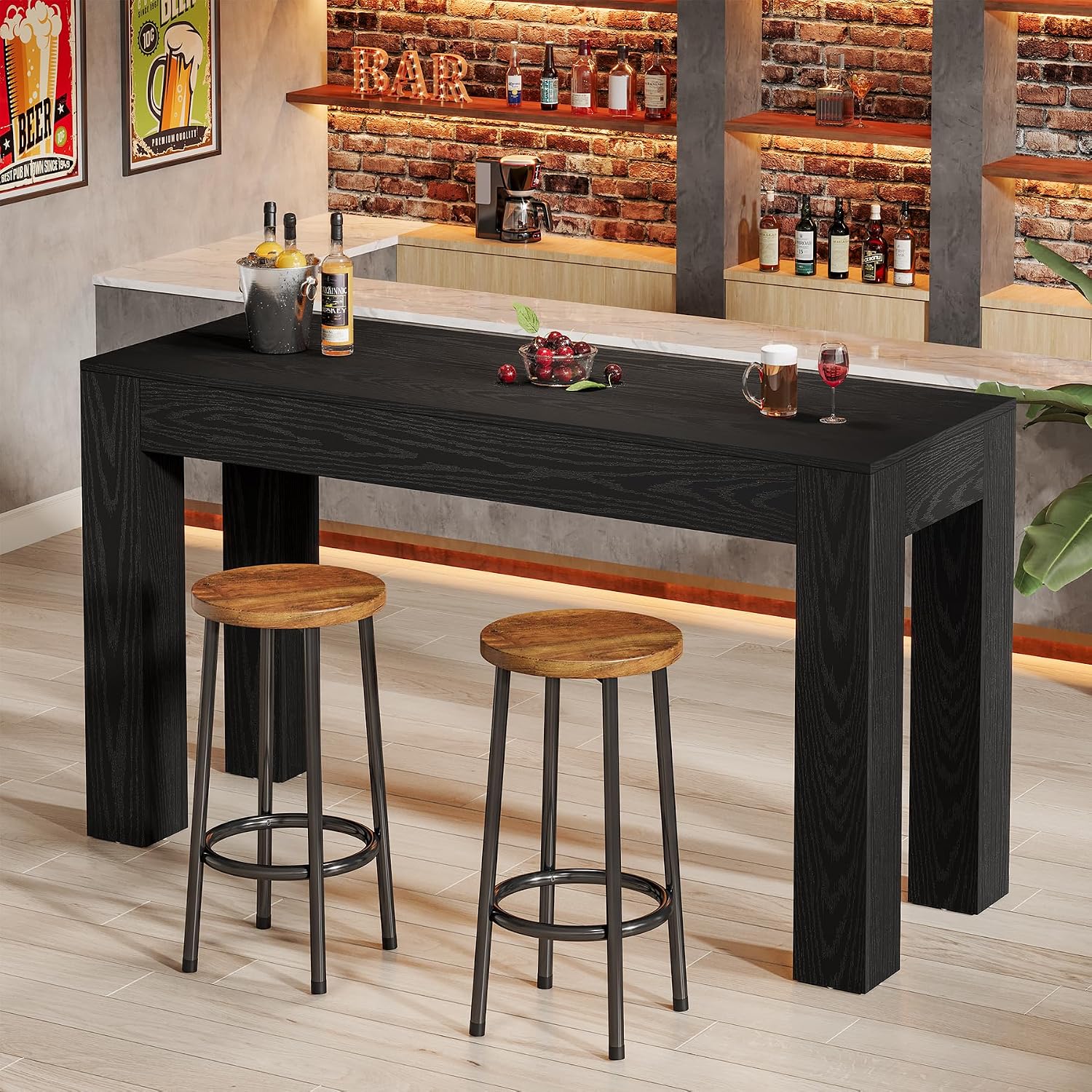 Tribesigns 63' Long Bar Table, Wooden Counter Height Table with 4 Legs, Rectangular Pub Table for Kitchen, Home Bar & Living Room, Rustic Brown (Black)