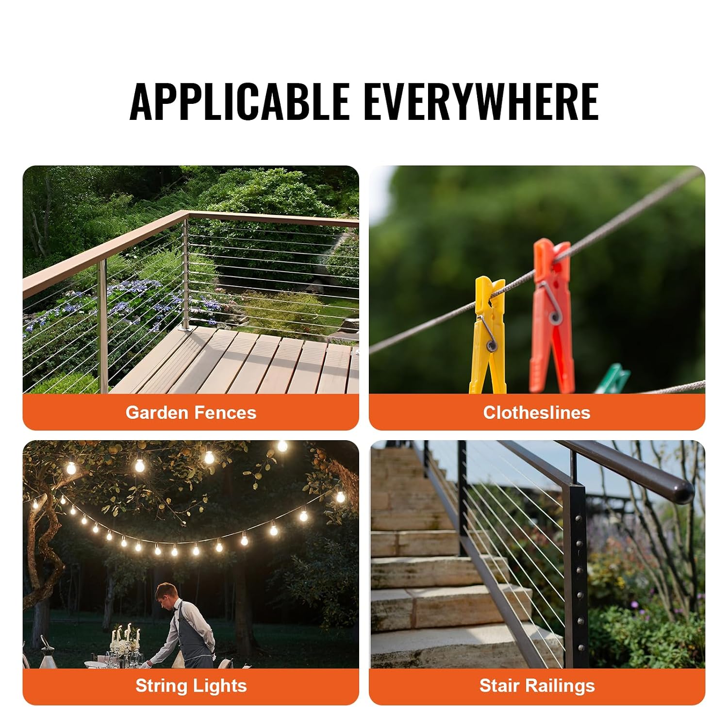 VEVOR 1/8 Stainless Steel Cable, 1000 FT 316 Cable Railing Kit with Cutter and Gloves, 1600 lbs Breaking Strength, 7x7 Strands Marine Aircraft Cable for Handrail Stair Decking Fence Outdoors