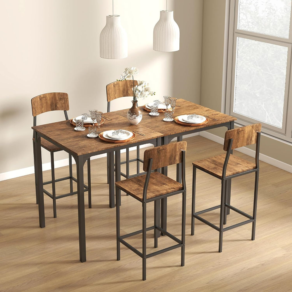 HOMCOM 3 Piece Industrial Counter Height Dining Table Set, Bar Table & Chairs with Steel Legs & Footrests, Black