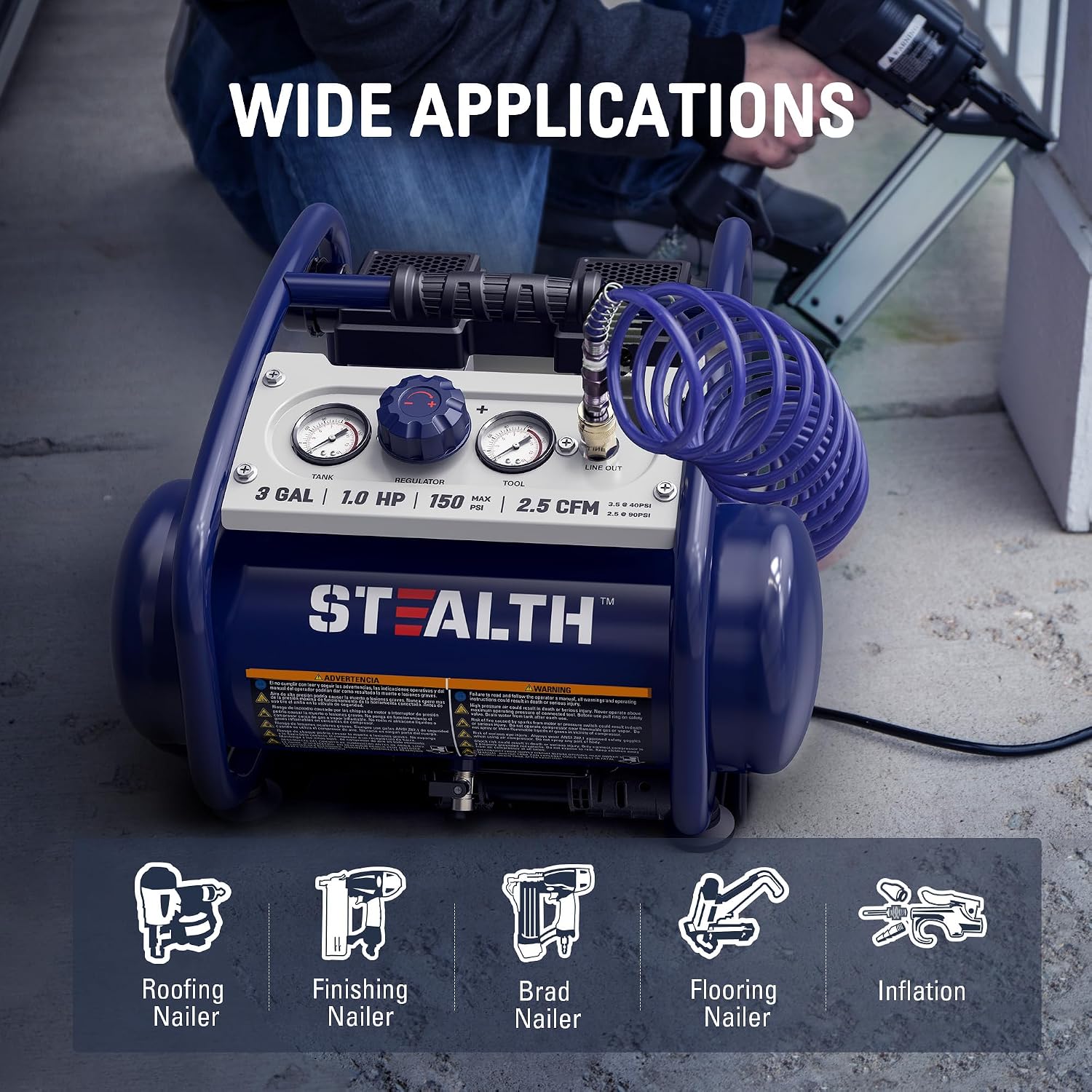STEALTH Air Compressor 3 Gallon, Quiet Air Compressor, Oil-Free Air Tool, for Tire Inflator, Auto Repair, Woodwork Nailing (SAQ-1301)