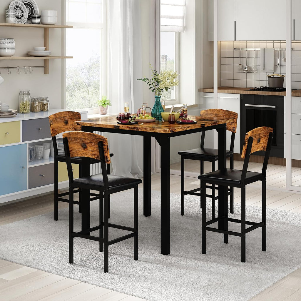 AWQM 5-Piece Dining Table Set, Dining Table Set for 4, Counter Height Table & 4 Bar Stools, Modern Kitchen Dining Set, with Upholstered Chairs, Compact Dining Set for Small Spaces (Walnut Color)