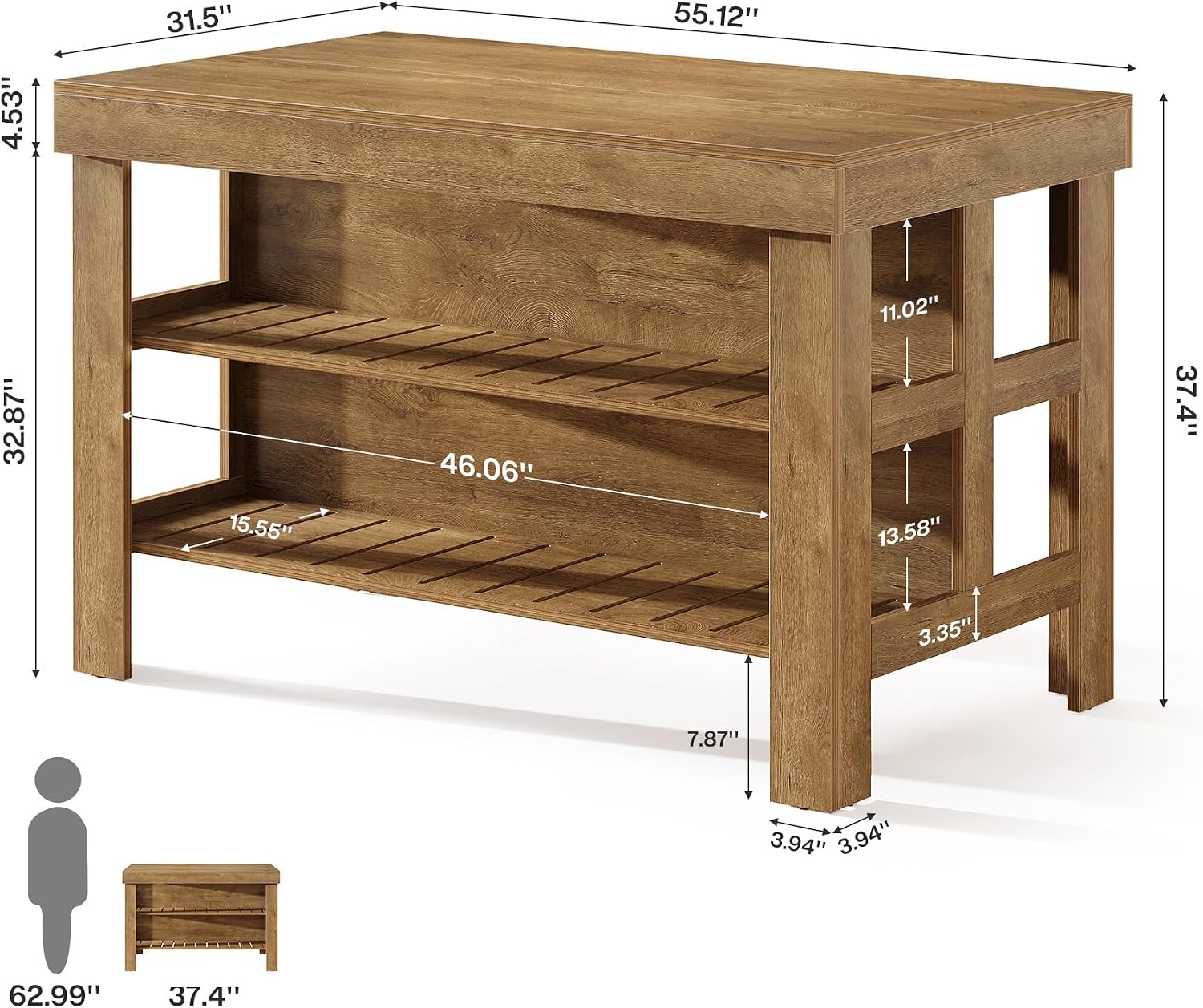 Tribesigns Kitchen Island with Seating and Storage Shelves, 55.1-Inch Breakfast Counter Farmhouse Island Table for Kitchen Dining Room (All Brown)