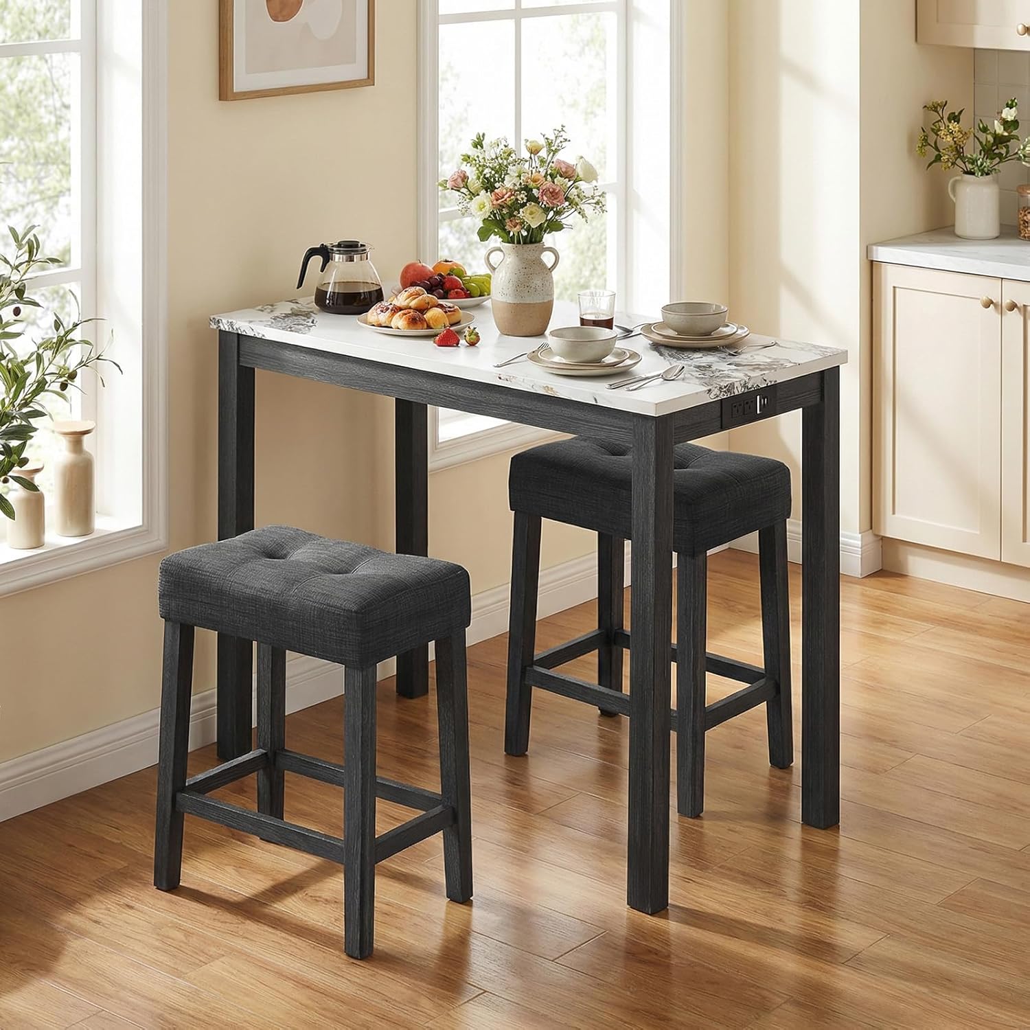 COSTWAY 3-Piece Bar Table Set with Charging Station, Modern Counter Height Breakfast Table w/Faux Marble Top & 2 Padded Stools, Wooden Console Table Set for Living Room, Kitchen, Dining Room (White)