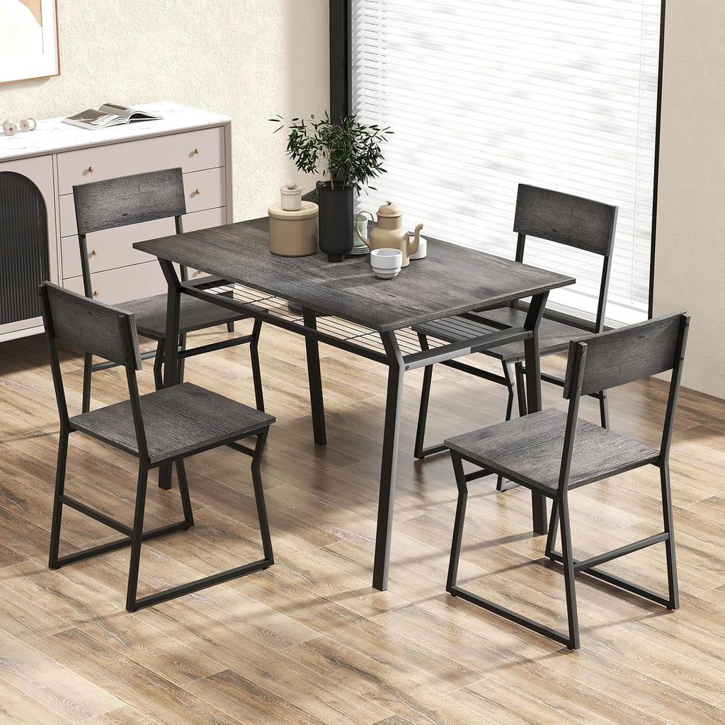 Giantex Dining Table Set for 4, 47'L x 28'W Rectangular Kitchen Table w/ 4 Trapezoid Chairs, Reinforced Metal Frame & Storage Rack, Industrial Space-Saving Dinette Set for Kitchen Dining Room (Grey)