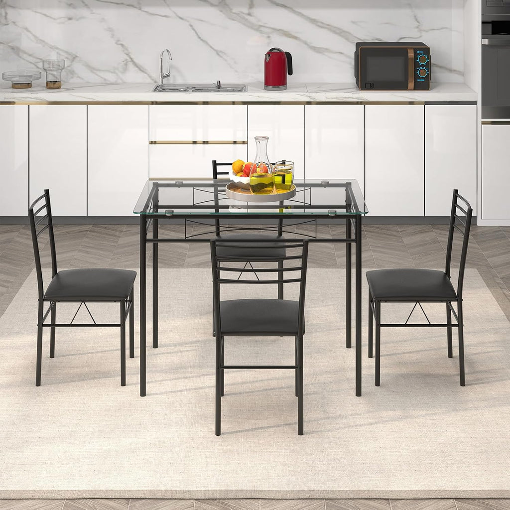Giantex 5 Piece Dining Table Set, Kitchen Dining Set with Tempered Glass Table Top and 4 Upholstered Chairs, Dinette Set for 4 for Breakfast Nook Dining Room Kitchen (Black)
