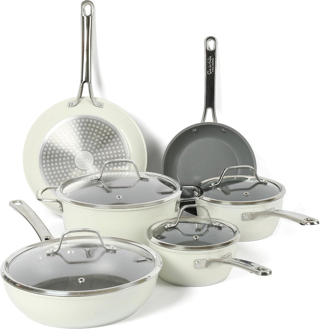 Sur La Table Kitchen Essentials 10 Piece PFA Free Non-Toxic Titanium Ceramic Nonstick Interior Forged Aluminum Cookware Pots and Pans Set - Linen White - Induction Compatible