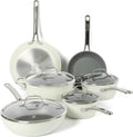 Sur La Table Kitchen Essentials 10 Piece PFA Free Non-Toxic Titanium Ceramic Nonstick Interior Forged Aluminum Cookware Pots and Pans Set - Linen White - Induction Compatible