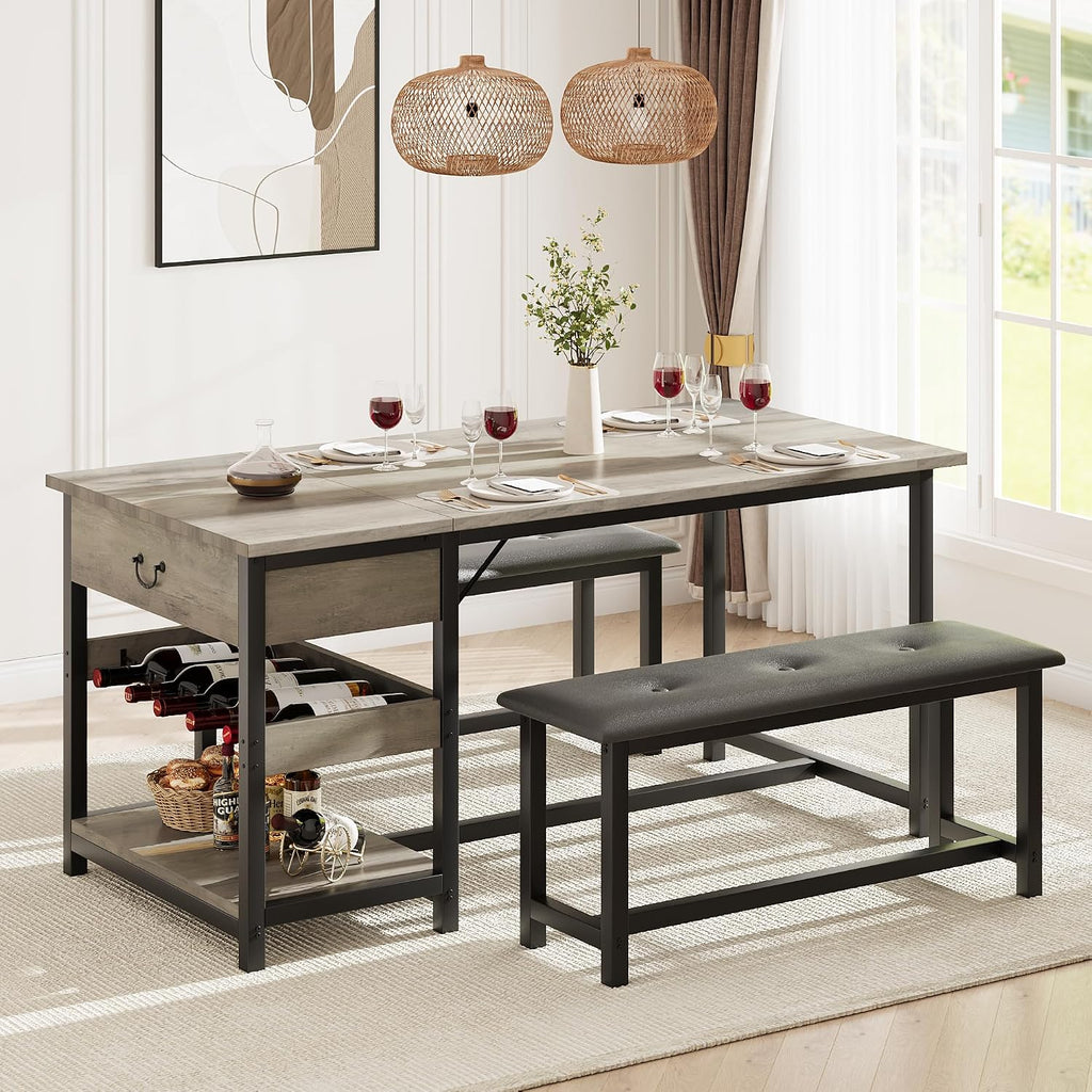 GarveeHome Dining Table Set for 4, Kitchen Dining Table Set with Upholstered Benches, Kitchen Dining Room Table with Storage Drawers & Wine Rack for Small Space, Light Grey