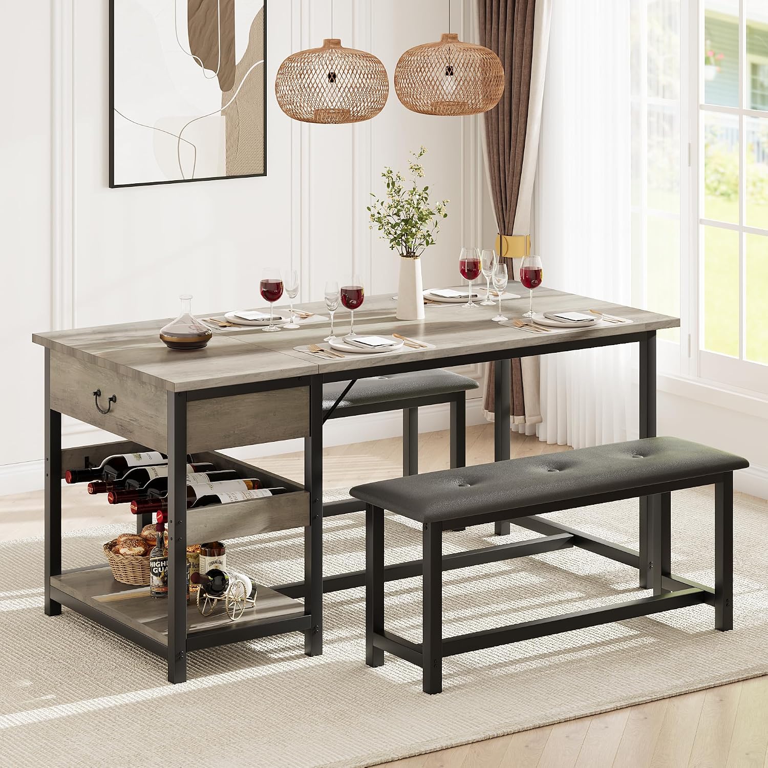 GarveeHome Dining Table Set for 4, Kitchen Dining Table Set with Upholstered Benches, Kitchen Dining Room Table with Storage Drawers & Wine Rack for Small Space, Light Grey