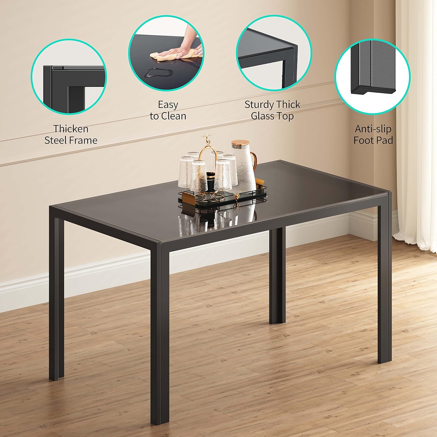Gizoon 5 Piece Glass Dining Table Set, Kitchen and Chairs for 4, PU Leather Modern Room Sets for Home, Kitchen, Living Room