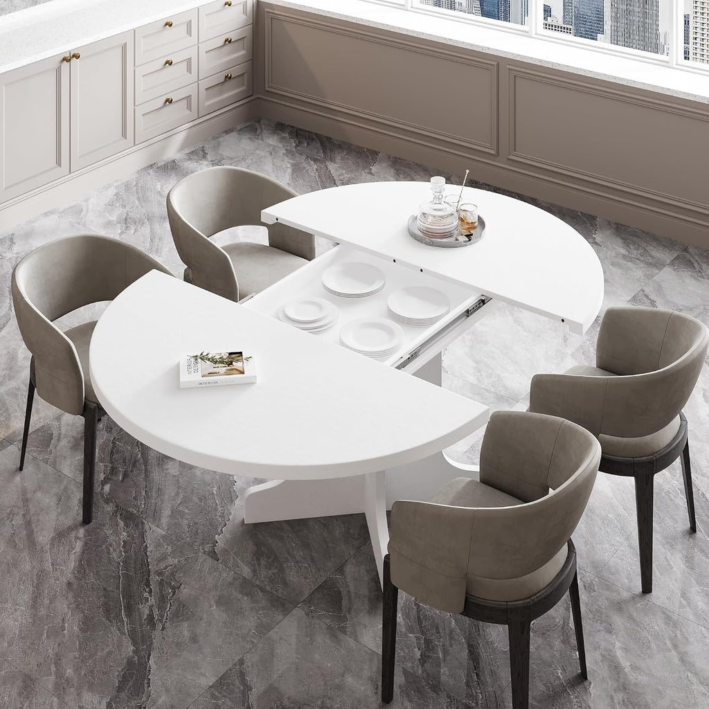 Feonase 59' Round Extendable Dining Room Table for 6, Modern Oval Kitchen Table with Heavy Duty Wood Base, for Kitchen Dining Living Room, Easy Assembly, Noise-Free, White