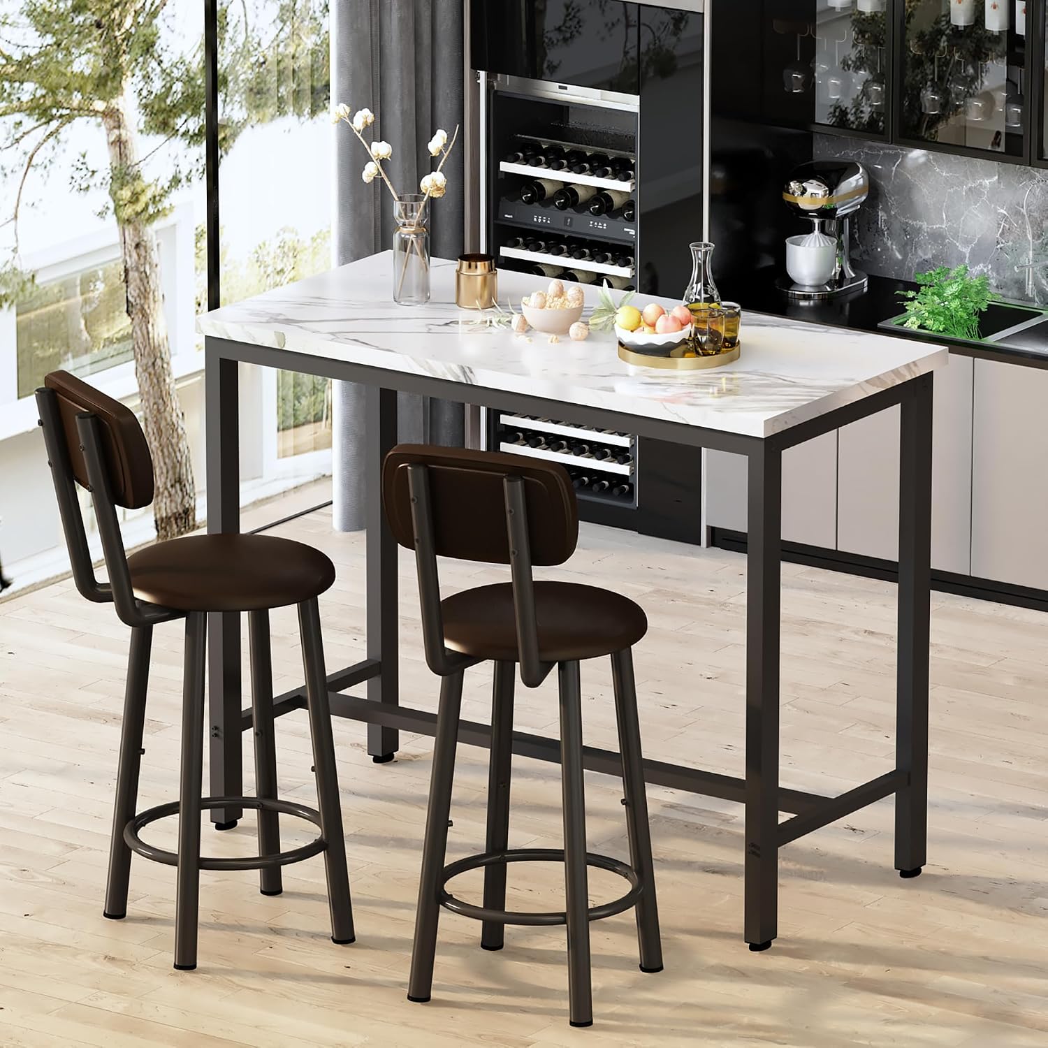 AWQM 3 Piece Bar Table Set of 2,39.3' Pub Bar Table and Chairs Set,Faux Marble Bar Height Table with 2 Backrest Stools,Small Dining Table for 2,Kitchen Table Set for Small Space,White & Brown