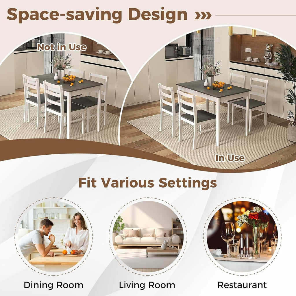 COSTWAY Dining Table Set for 4, Wood Kitchen Table Chairs Set with Rubber Wood Legs, Space-Saving Design, Modern 5-Piece Dinette Set for Small Place, Kitchen, Dining Room, Restaurant (Grey)