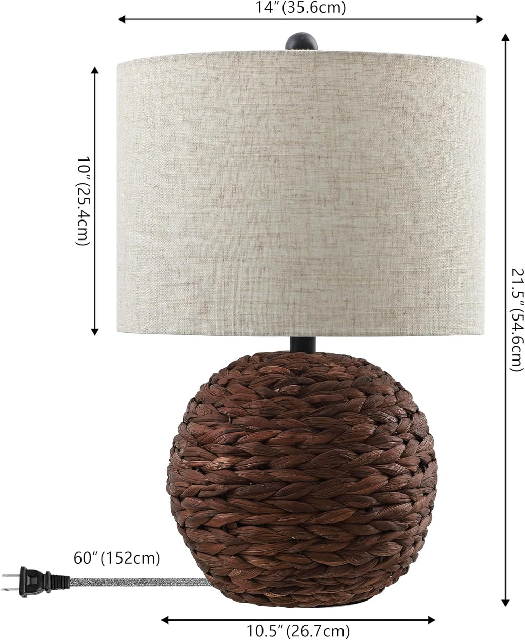 JONATHAN Y 21.5' Dark Brown Modern Coastal Woven Rattan Globe LED Table Lamp for Bedroom, Oatmeal Linen Drum Shade, LED Bulb Included, Rustic Bedside Lamp for Living Room (JYL6514B)